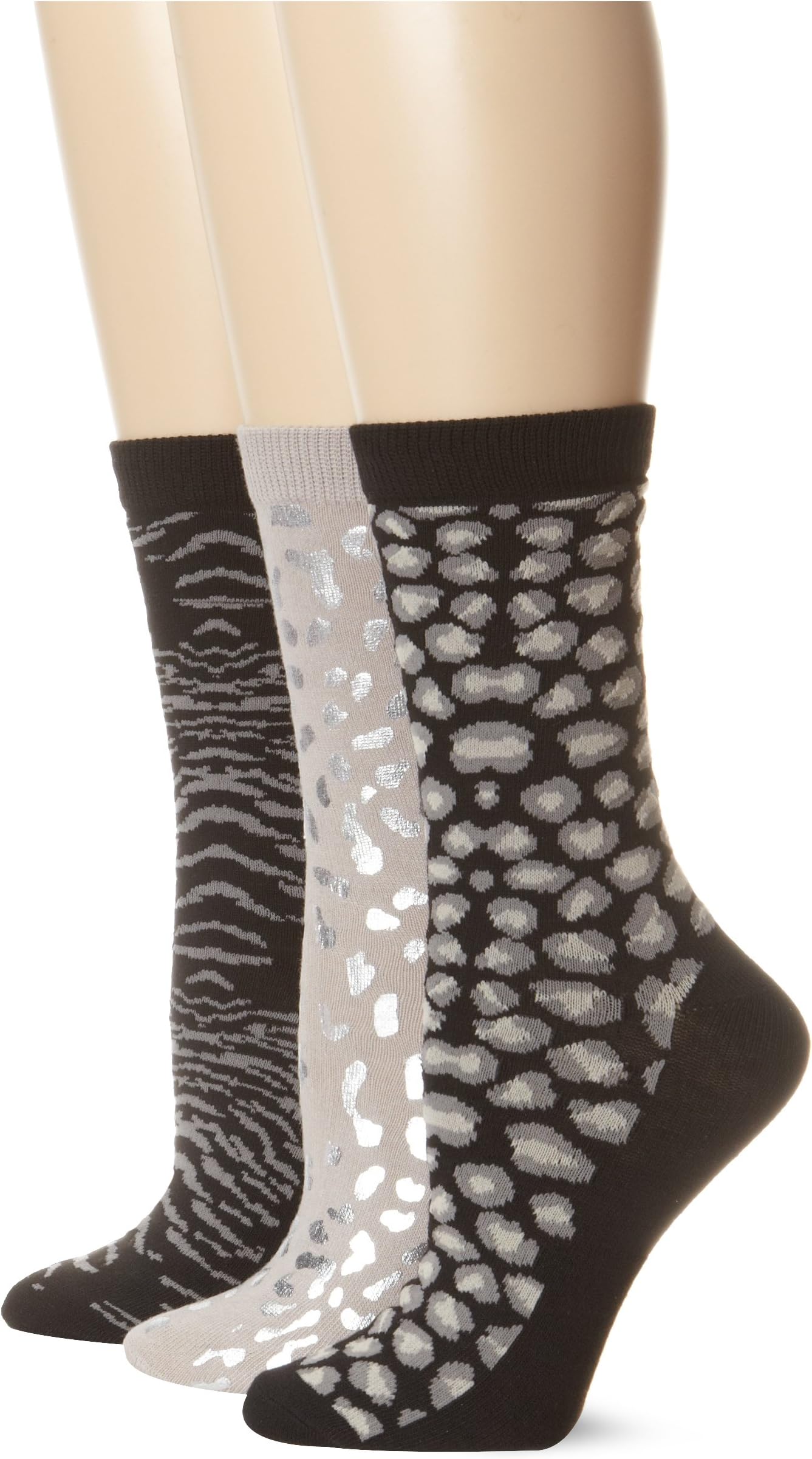Nine West Women's 3 Pack Metallic Printed Animal Crew Socks