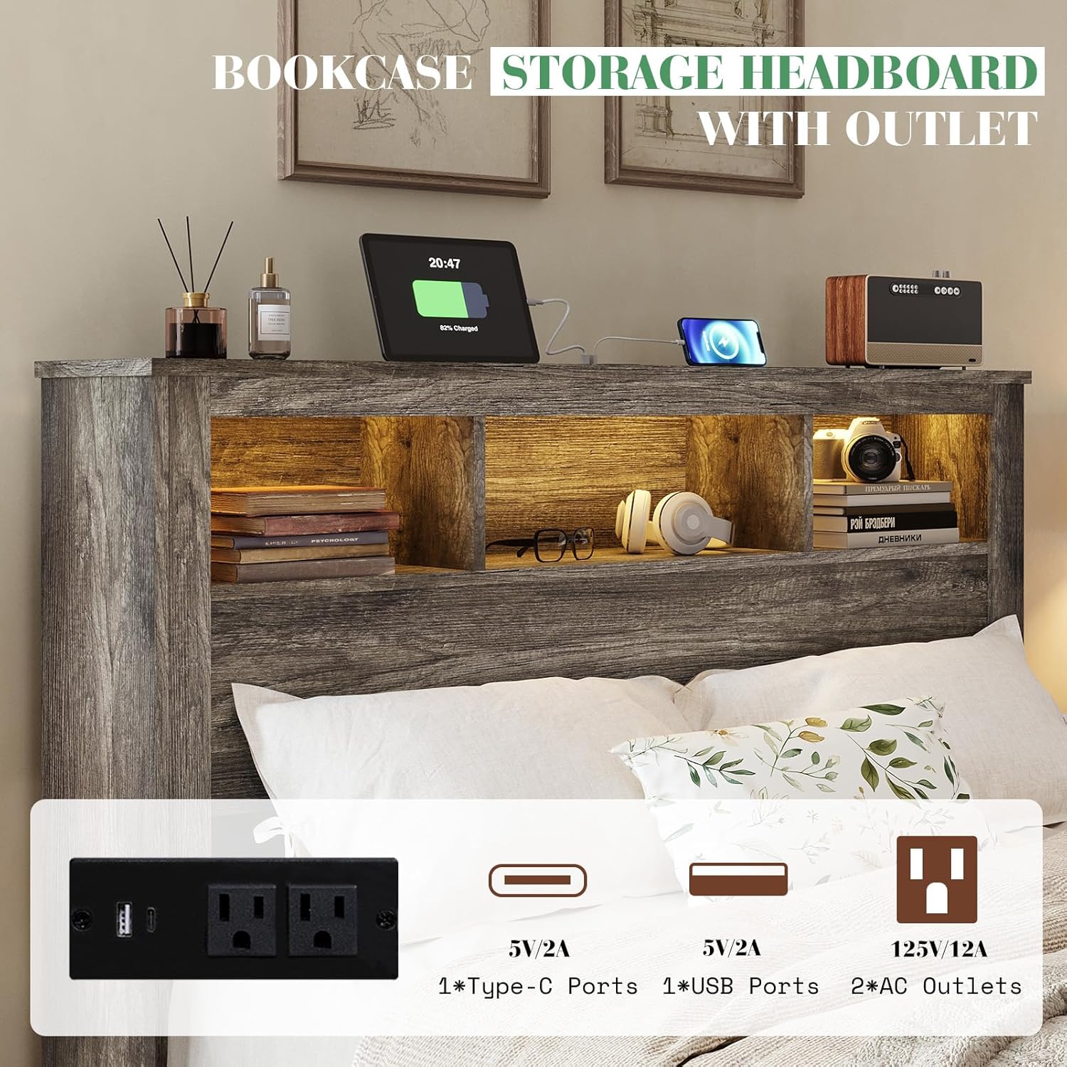 Albott Farmhouse King Size Bed Frame with Storage Bookcase Headboard and Footboard, Storage Wood Platform Bed Frame with Wood Slats Support, Noiseless LED Bed Frame, No Box Spring Needed, Gray