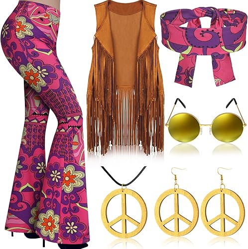 Haull Conjunto de 7 piezas de disfraz hippie de discoteca de los años 60 y 70 para mujer, conjunto de disfraz de Halloween, pantalones bohemios,