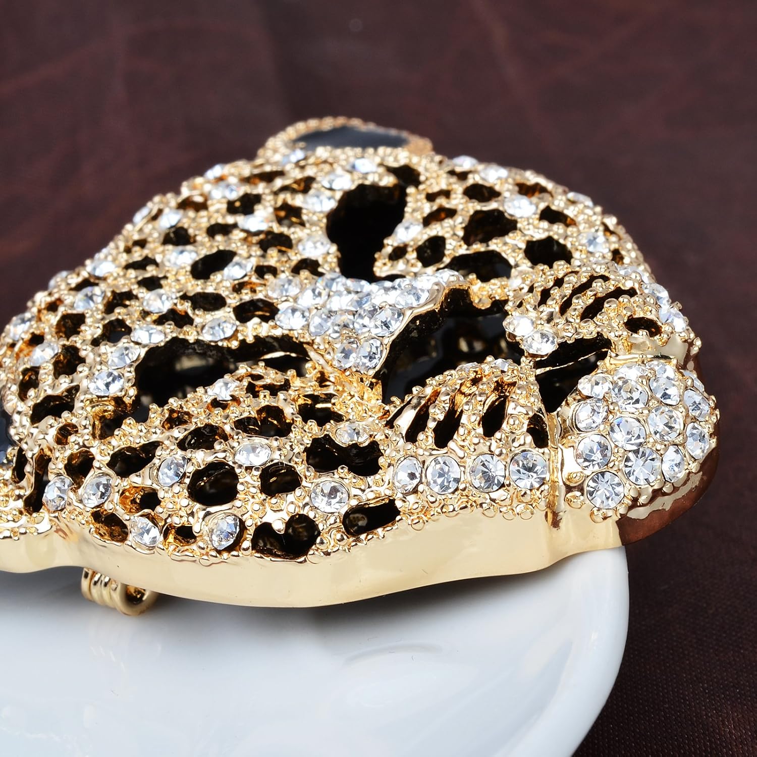 Vintage Black Enamel Spotted Leopard Head Rhinestone CZ Animal Brooch Pin Lapel Pin Badge - Image 4