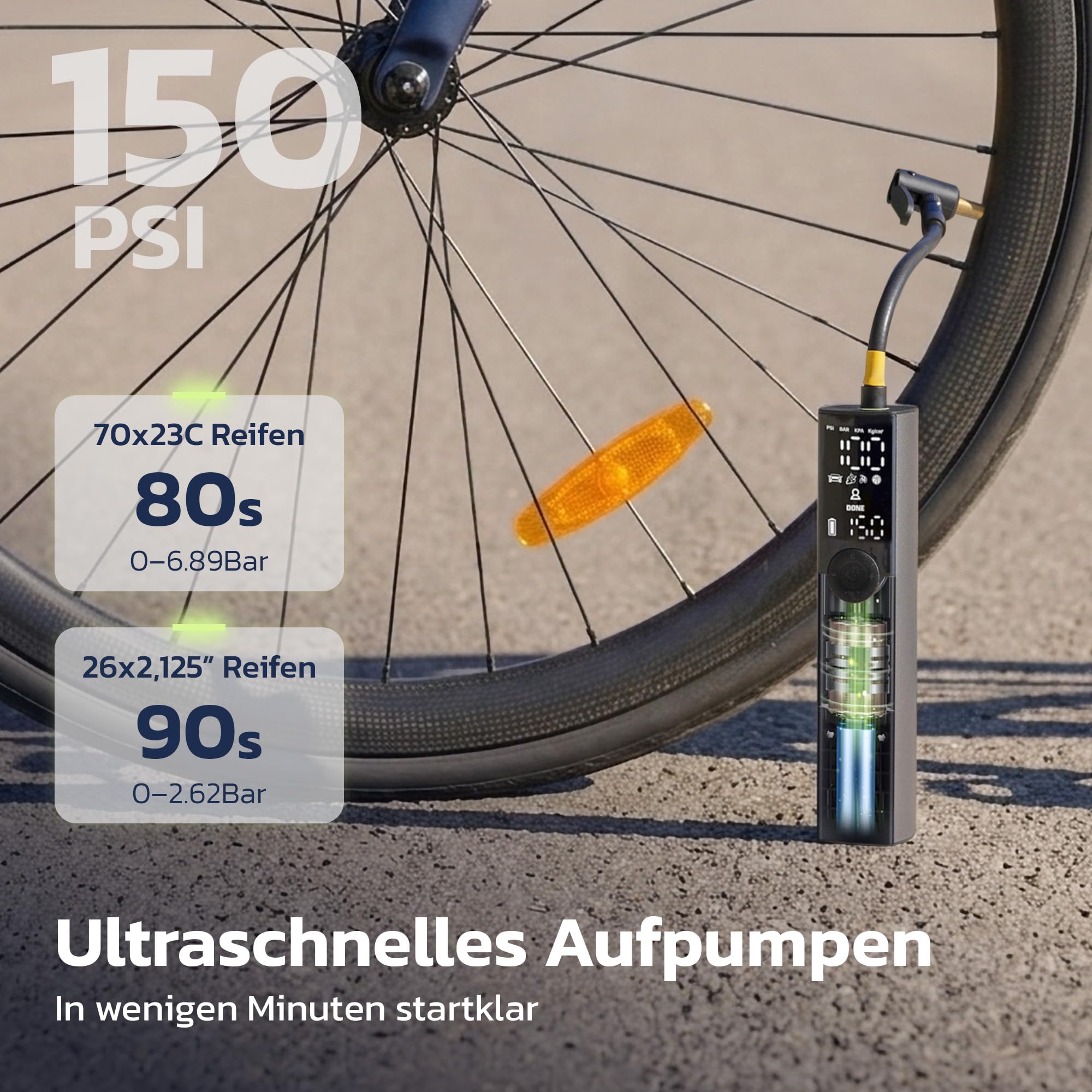 Woowind Ventus Ride Fahrradpumpe, 150 PSI/10,3 Bar, Elektrische Luftpumpe, Aufpumpen in 1 Minute, Akku Kompressor mit Presta-, Schrader-, Dunlop-Ventil für Rennrad, Mountainbike & E-Bike, Auto-Stopp