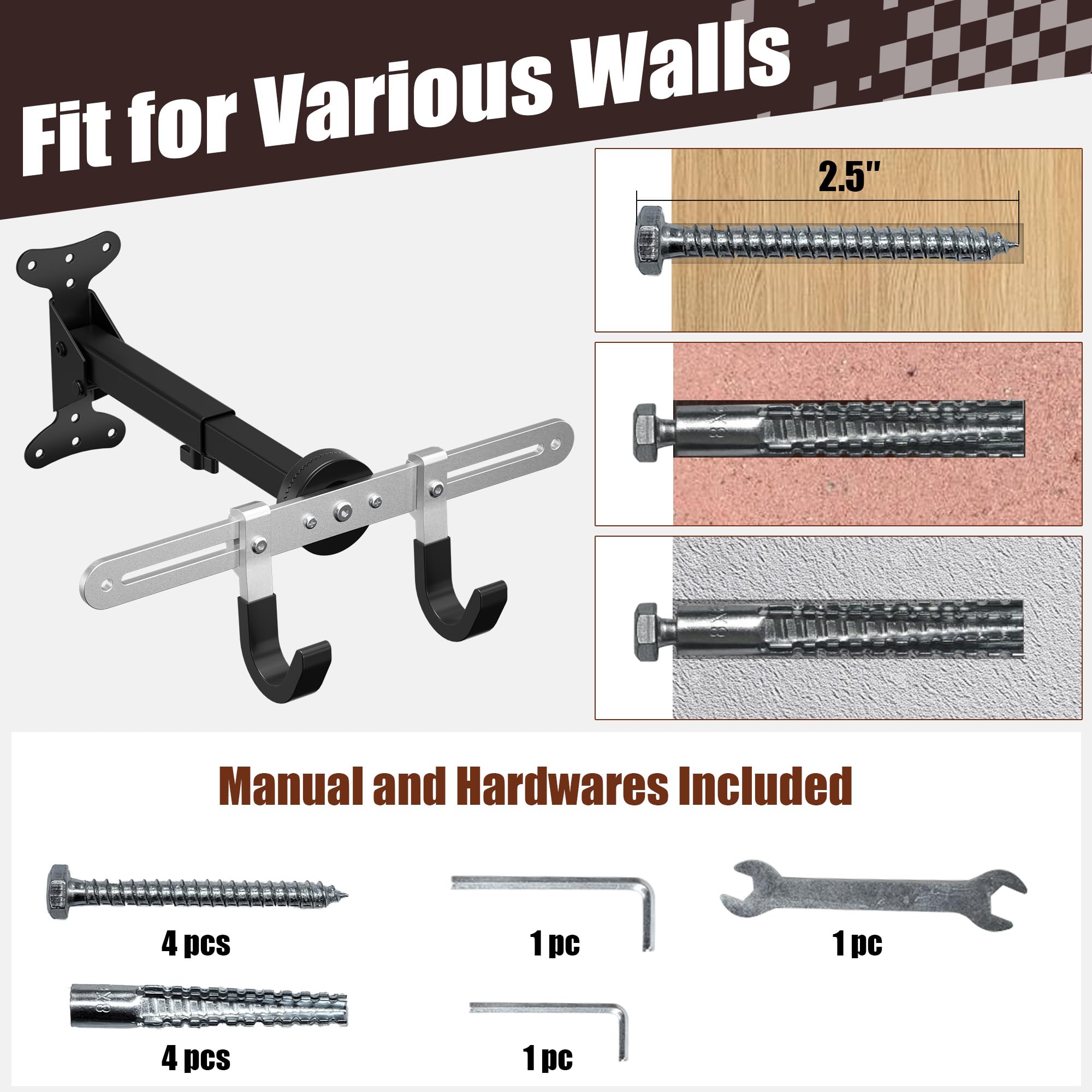 Bike Wall Mount Hanger for Garage, Heavy-Duty Durable Aluminum Alloy Horizontal Bicycle Storage Rack with Adjustable Hook, Hold up to 66lbs, for Road Mountain Hybrid Bikes in Garage