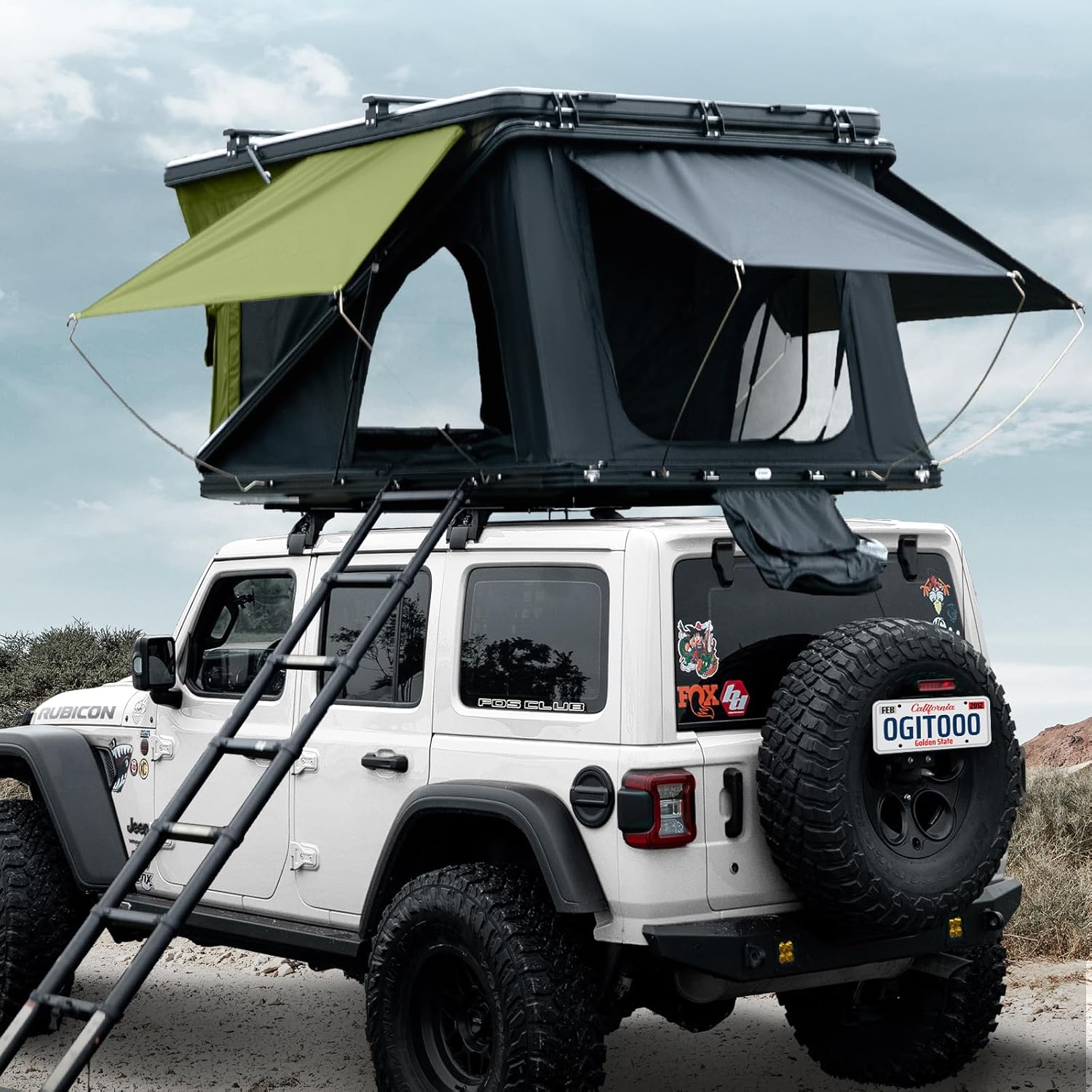 WildFinder rooftop tent mounted on a vehicle, showcasing its sleek hardshell aluminum design for durability and weather resistance.