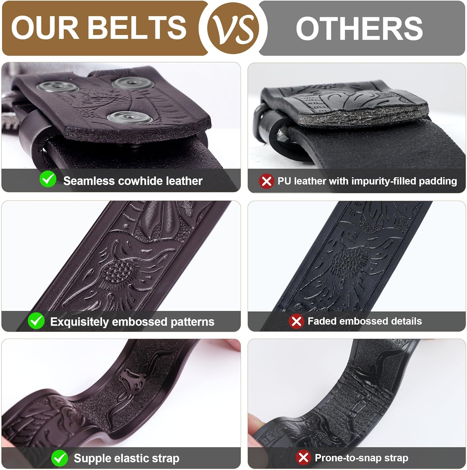 FIORETTO Western Cowboy Belts for Men Women Cowgirl Leather Belt Big Buckle Bull Belt for Jeans - Image 3