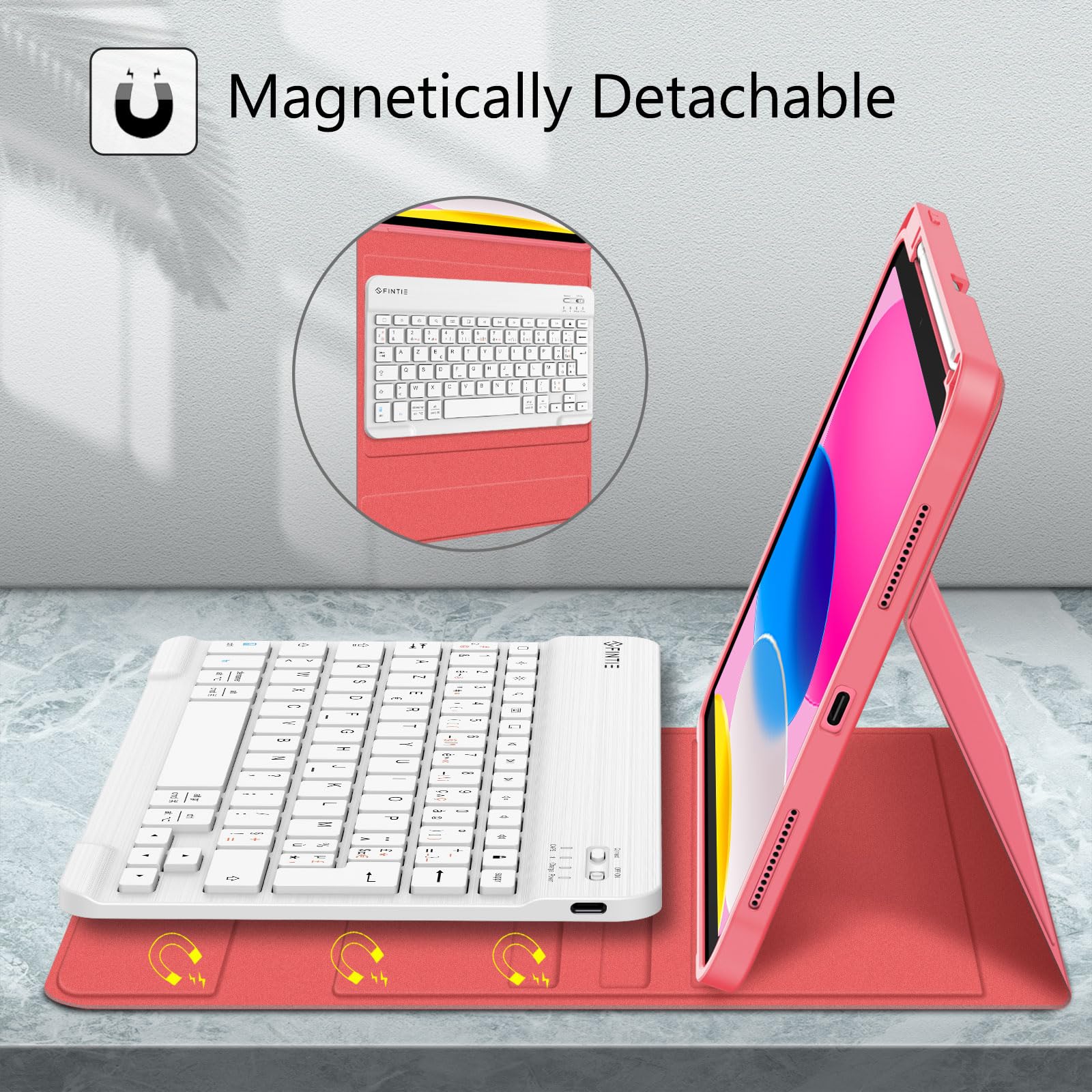 FINTIE Clavier pour iPad A16 11" 11e Génération 2025 / iPad 10e Génération 10.9" 2022, Coque avec Porte-Stylet, Multi-Angles, Clavier AZERTY sans Fil Bluetooth, Rose