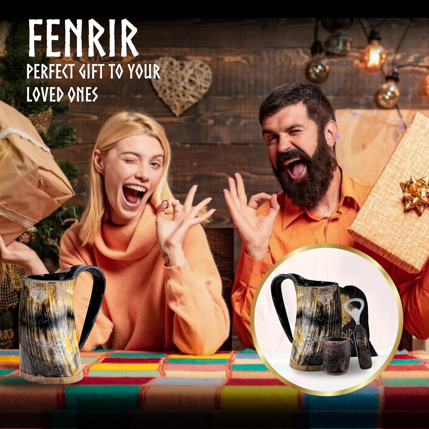 FENRIR Viking Drinking Horn Mug Set 16 oz – Gifts for Men, Dad, Husband – Unique Viking Gift – Handmade Real Ox Horn Cup with Shot Glass & Opener – For Beer, Ale, Mead (Natural Finish) - Image 6