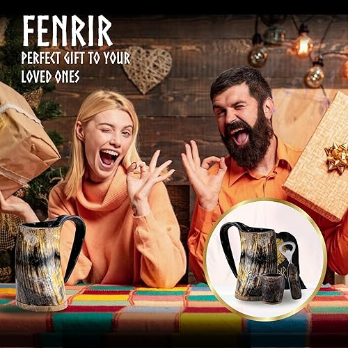Miniatura 6 de FENRIR Taza de cuerno de buey vikingo prémium para cerveza y aguamiel, cerveza y bebida fría, con acabado brillante, con vidrio corto y abridor de