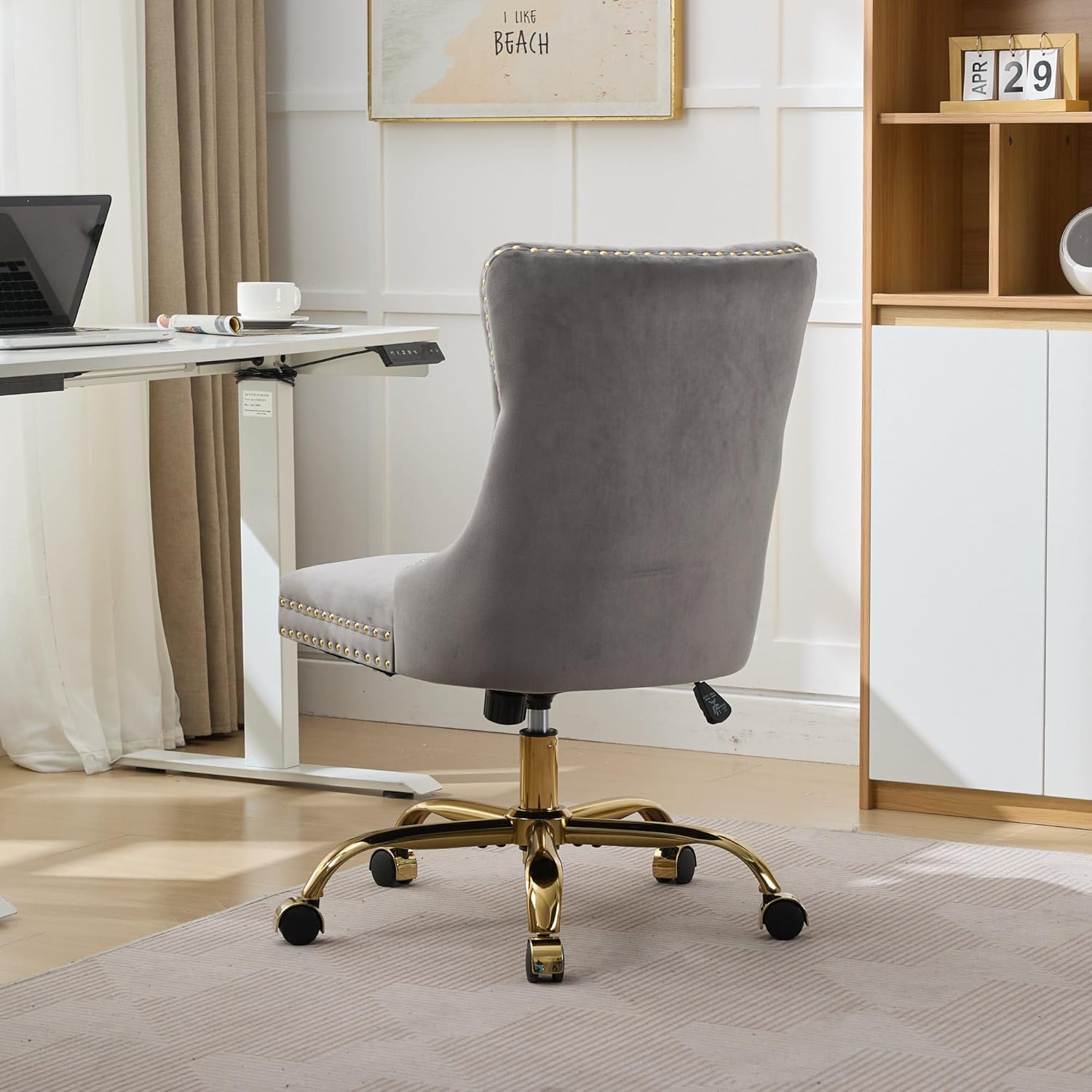 Goujxcy Desk Chair, Modern Velvet Upholstered Tufted Button Home Office Chair, 360° Swivel Armless Desk Chairs, 120°Rocking Ergonomic Computer Task Vanity Chairs, Gray