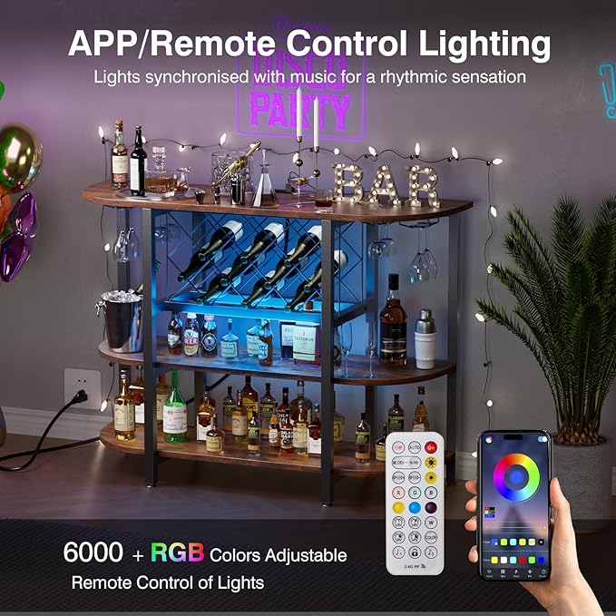 Carro Bar DUMOS con Estación de Carga, Gabinete Bar LED con Almacenamiento, Marrón miniatura 4