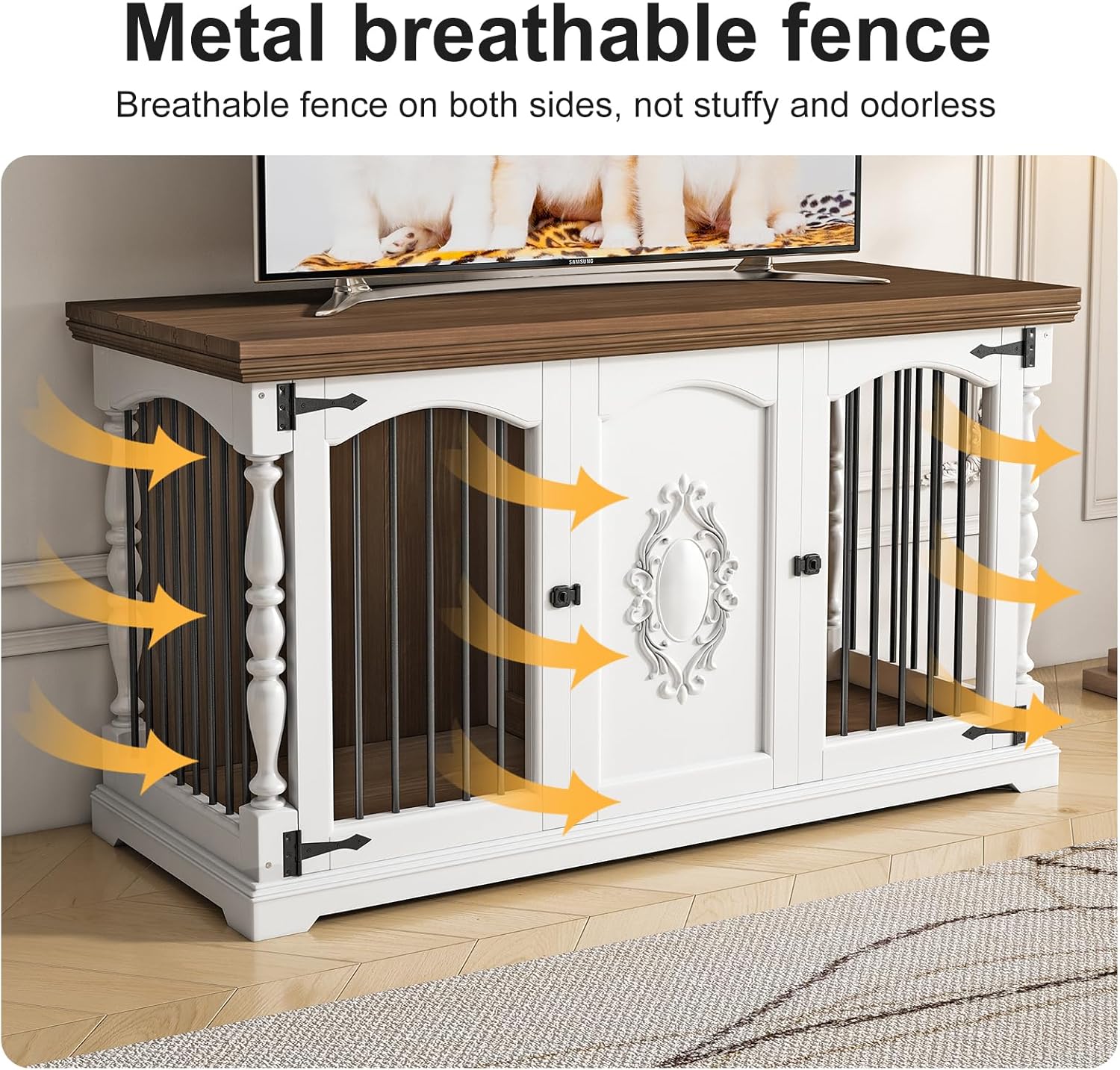62" Large Wooden Dog Crate Furniture for 1 or 2 Dogs, Heavy Duty Single/Double Dog Kennel Indoor with Divider, Hand-Carved Decorative Dog House Cage TV Stand Side Table for Small Medium Large Dogs