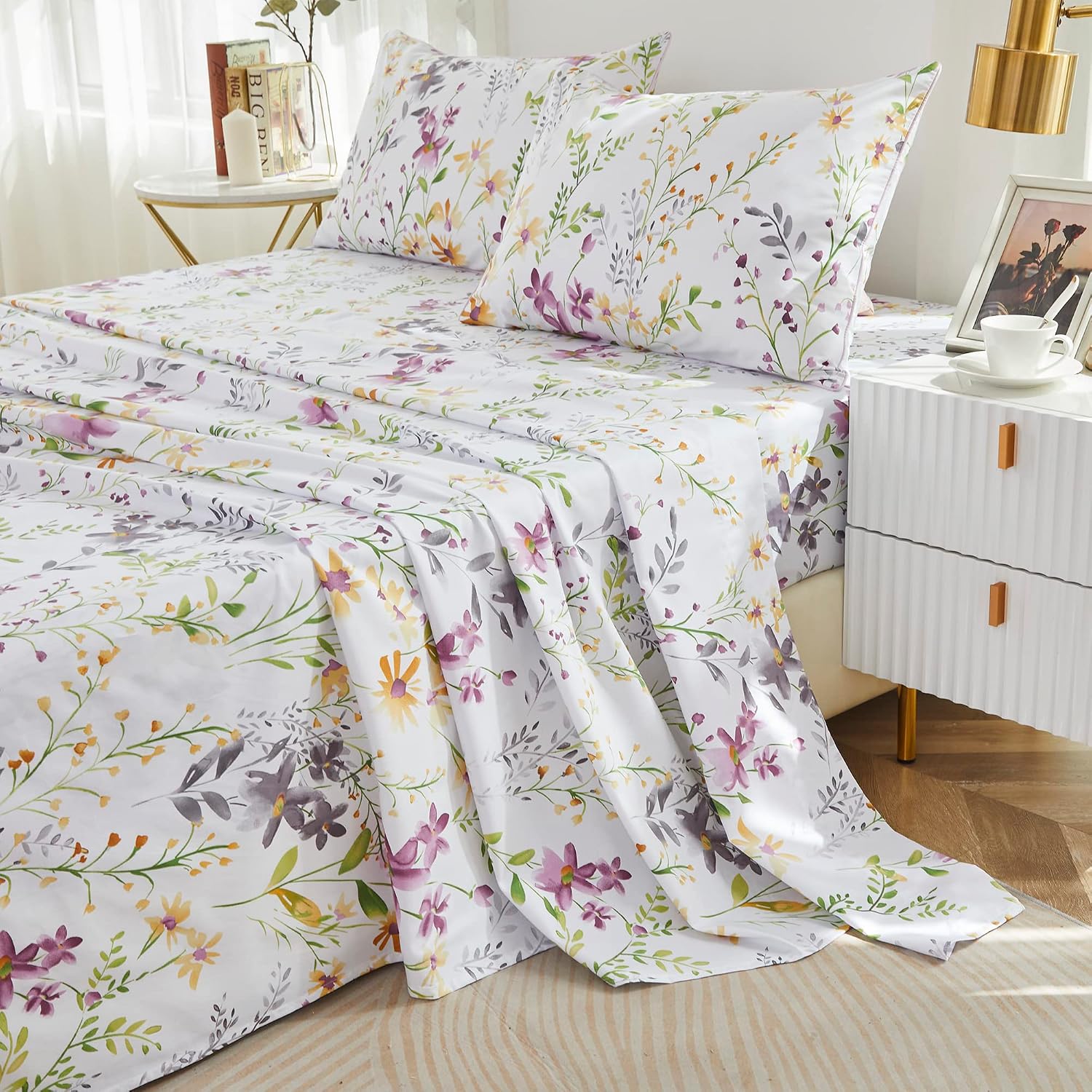 Brandream Garden Style Floral Bedding Elegant Watercolor Farmhouse Sheets Set Queen Size Luxury Bedding Collections 800 Thread Count 100% Egyptian Cotton Deep Pocket, 4 Piece