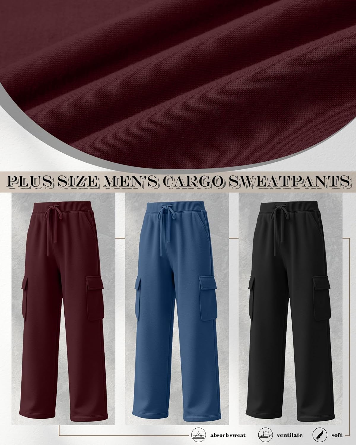 3 Pack Big and Tall Men's Cargo Sweatpants Open Bottom Drawstring Elastic Waist Pants with Pockets Casual Hiking(Burgundy, Blue, Black,4X-Large) - Image 4