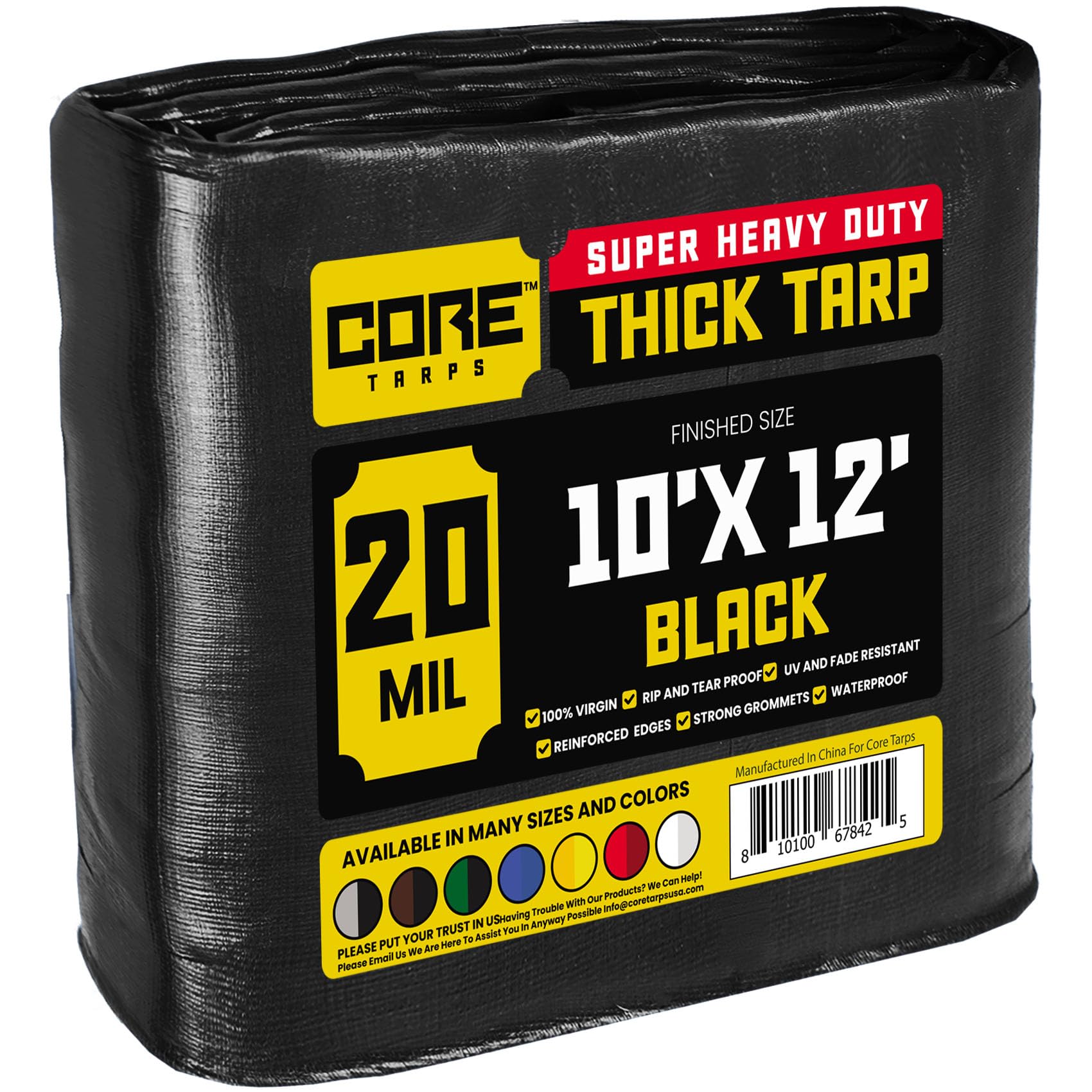 Core Tarps Extreme Heavy Duty 20 Mil Tarp Cover, Waterproof, UV Resistant, Rip and Tear Proof, Poly Tarpaulin with Reinforced Edges for Roof, Patio, Pool, Boat (Black 10′ X 12′)