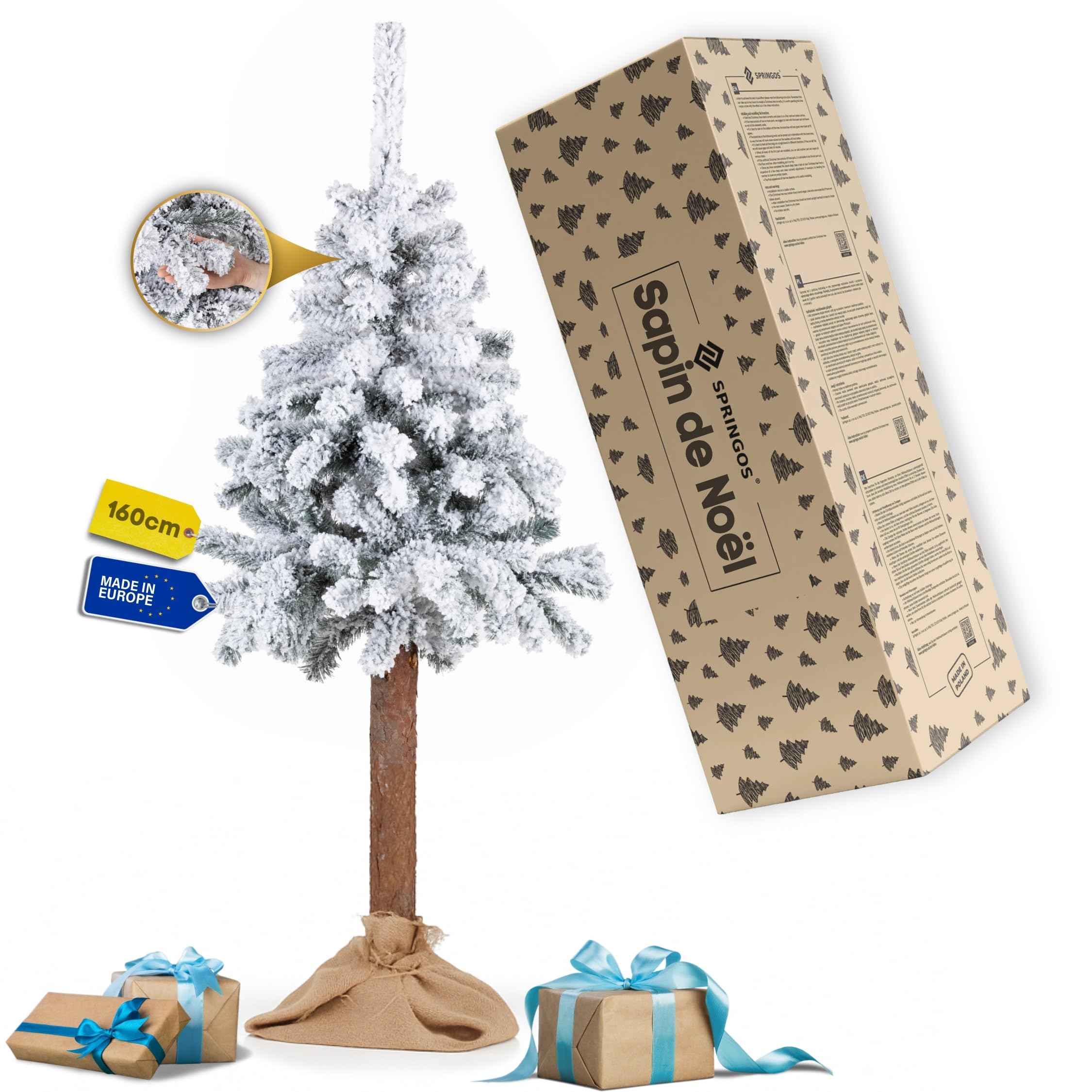 Springos Sapin de Noël Artificiel réaliste avec Neige sur Tronc Naturel, 160 cm, avec Manteau en Jute et Support Stable, décoration de Noël
