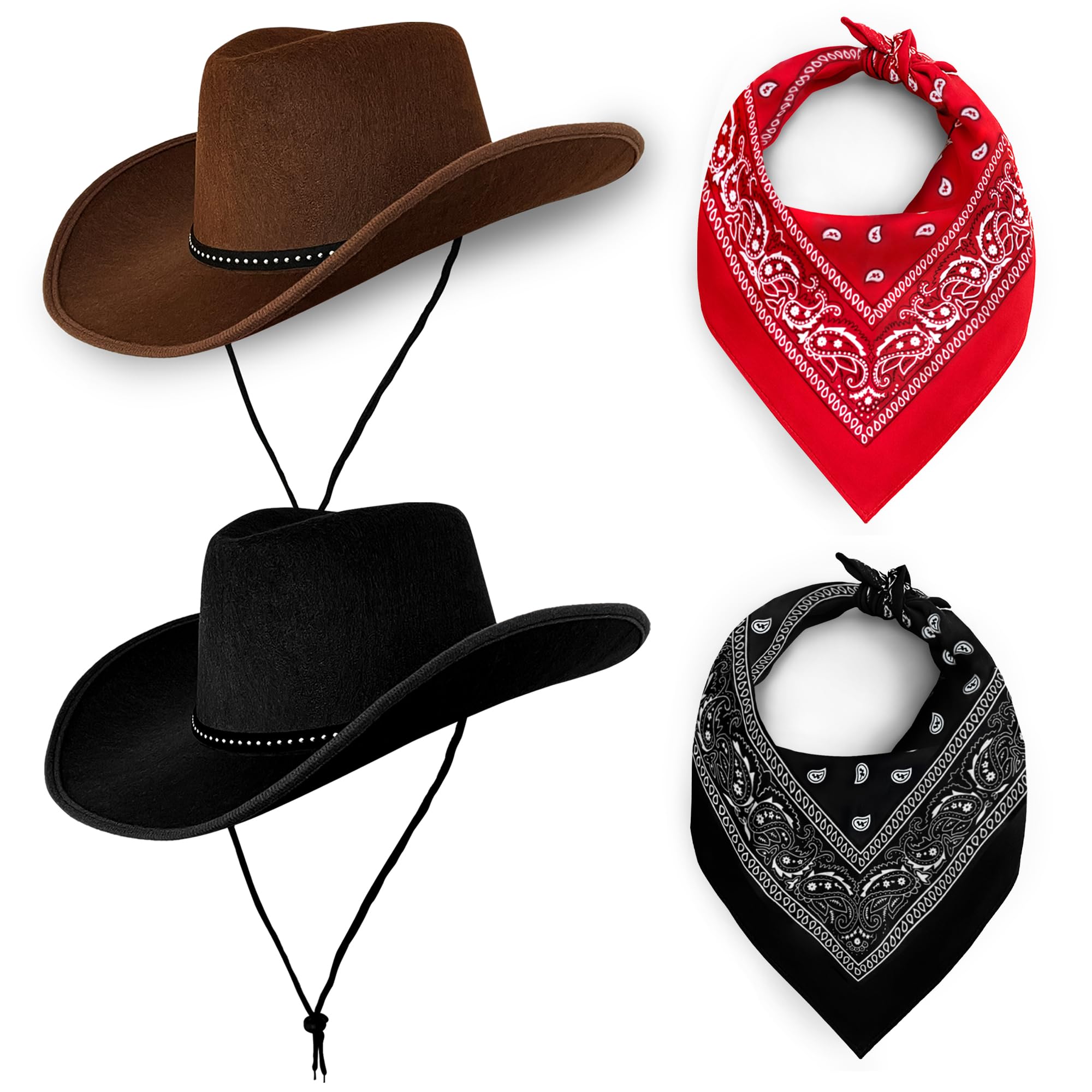 Cowboy Hats Pack of 2 Unisex Felt Western Hats & Bandanas (1 Black Hat & 1 Brown Hat + 1 Black 1 Red Bandanas) Texas Texan Costume Accessories for Men, Women, Adults Wild West Fancy Dress Party