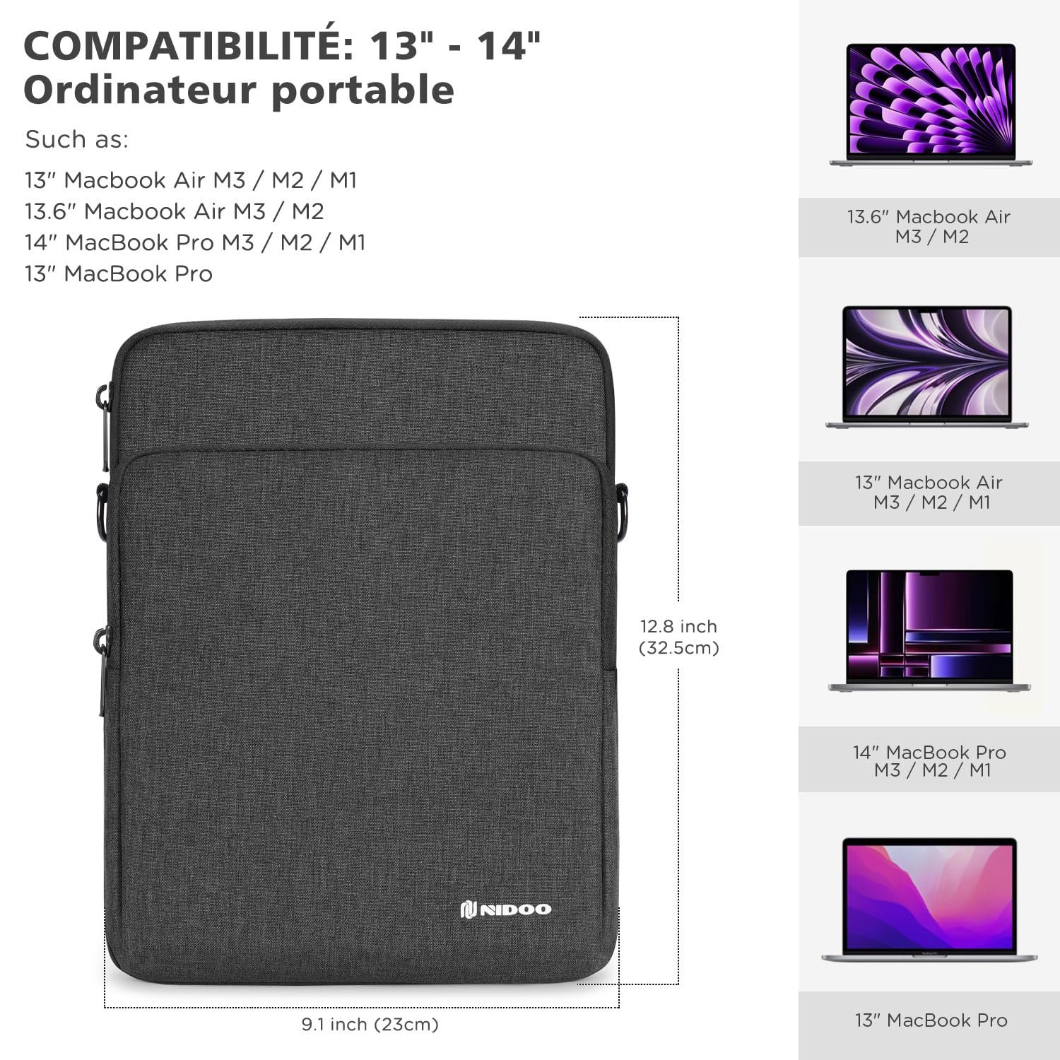NIDOO 13,3 Pouces Sac à Bandoulière Sacoche Ordinateur Portable Sac à Main Pochette de Protection pour 13" 13.6" Macbook Air/ 14" MacBook Pro/Surface Laptop 6/ ThinkPad X13 L13 Z13 E14 T14s/ XPS 13