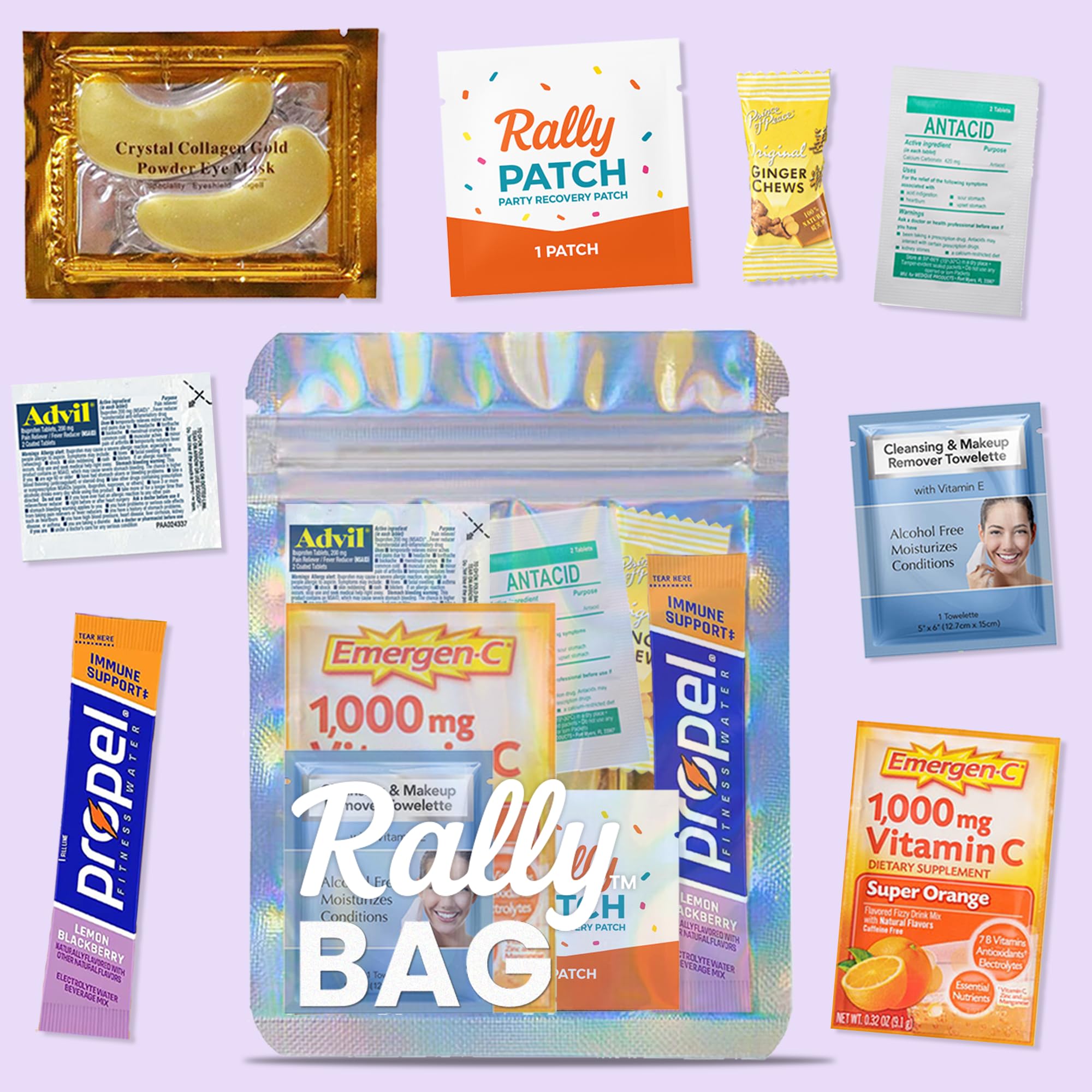 The Rally Bag - 1 Pre-Filled Hangover Kit for Bachelorette Party Favors, 21st Birthday Gift, Wedding Favors, Girls Trips, Cruises & Celebrations | 7 Piece Hangover Supplies & Bag (1 Kit)