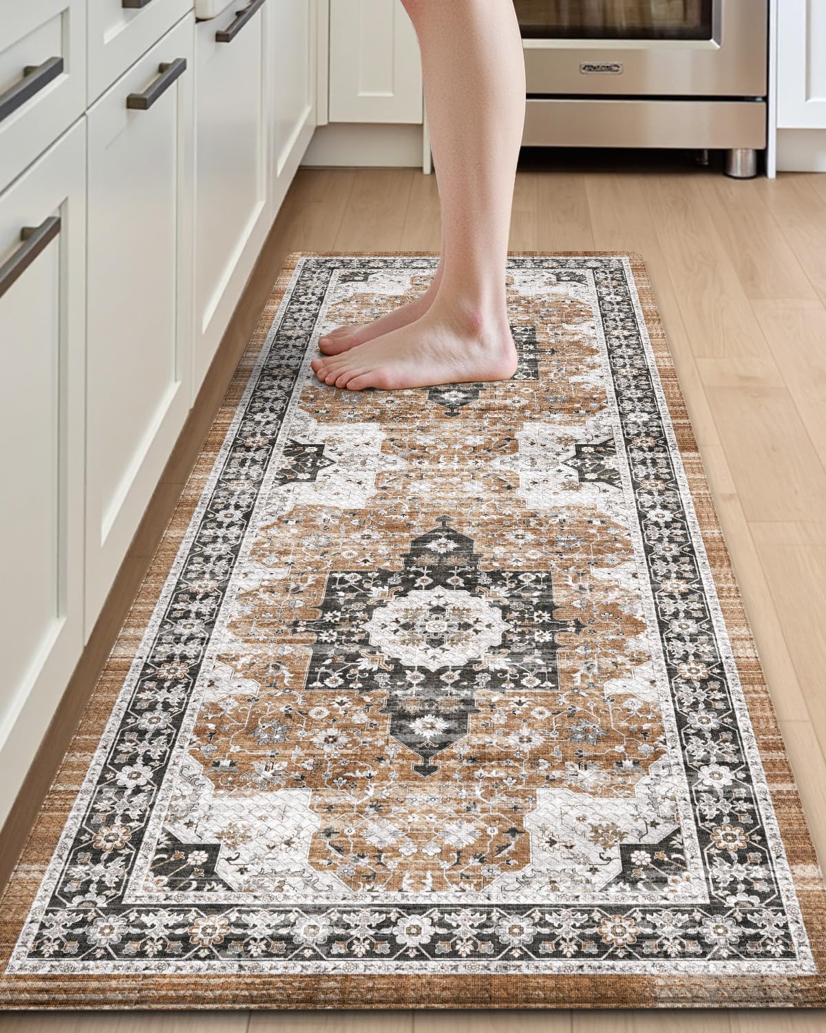 DEXI Kitchen Floor Mats Cushioned Anti Fatigue, 23x59 Long Wide Standing Comfort Runner Rug, Waterproof Retro Floral Memory Foam Padded for Front Sink Laundry, Brown/White