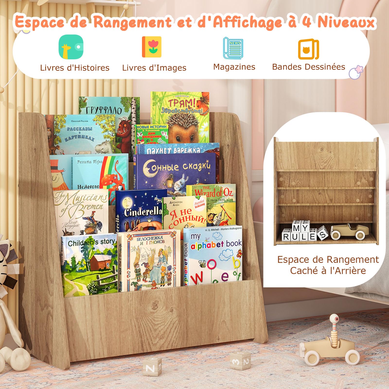 COSTWAY Bibliothèque Enfant en Bois à 4 Niveaux de Compartiments Ouverts, Étagère à Livres avec Patins Antidérapants, Meuble Rangement Jouet Montessori pour Bureau Chambre d’Enfant, 57,5x26,5x59cm