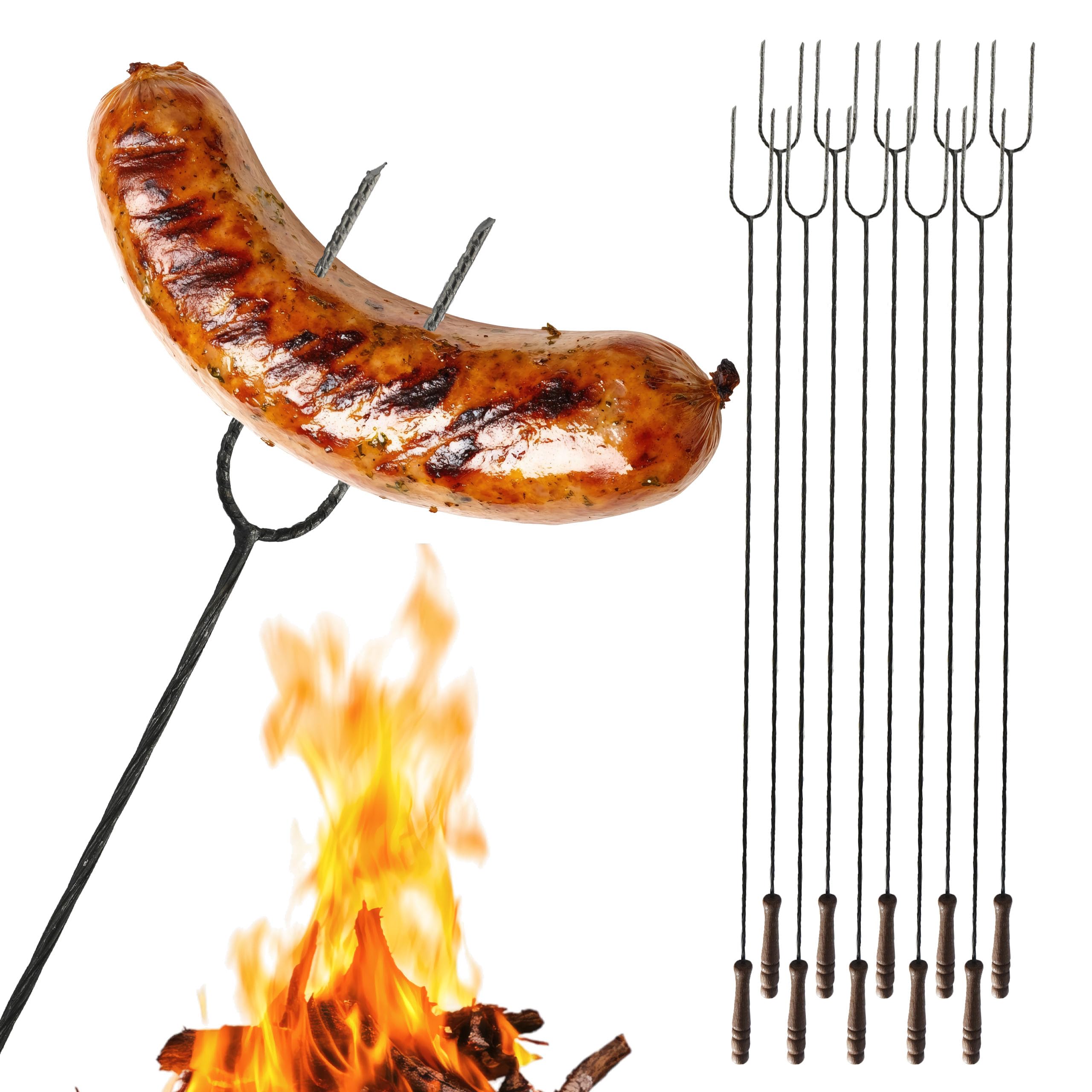 Grill spieße stahl 100cm Feuerstab, Grillspiesse lang für Lagerfeuer, Barbecue, Spieße für grill zum Einfädeln und Braten von Würsten auf dem Feuer Stahlstab, Holzgriff 10 Stück