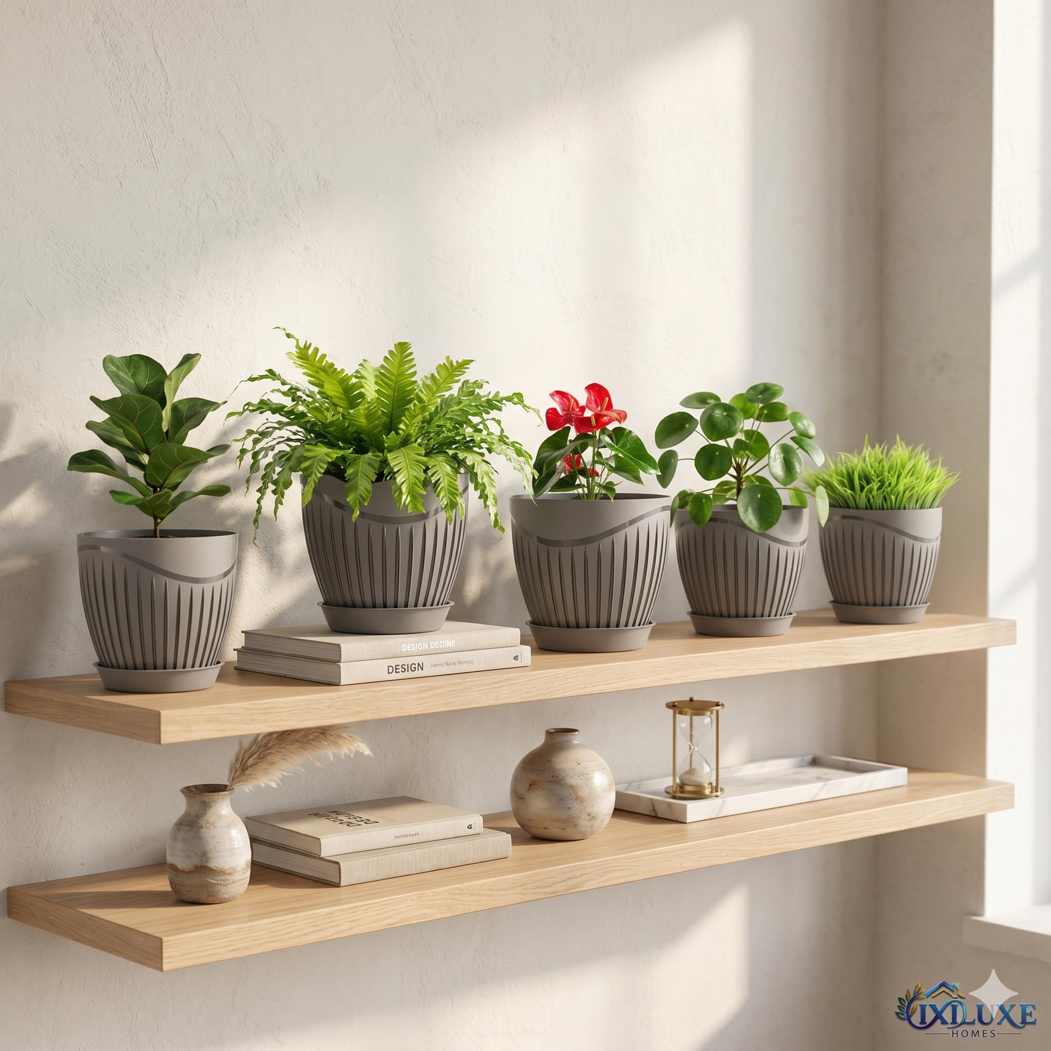 Light Brown Flower Pots Set of 5 - Modern Plant Planters -11 Light Brown Flower Pots Set of 5 - Modern Plant Planters -11