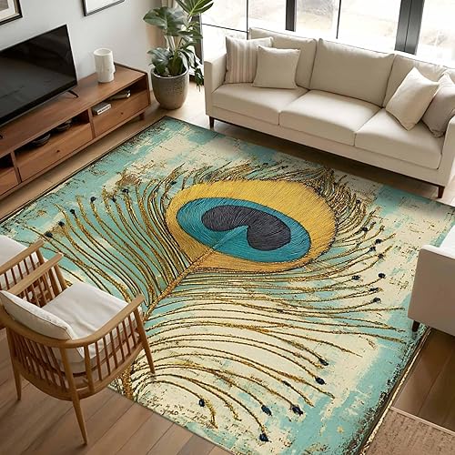 Miniatura 1 de 5x7 Area Rugs, Teal Peacock Feathers Non-Skid Rubber Backing Large Rectangle Rugs - Living Room Bedroom Home Office, Retro Abstract Art Watercolor