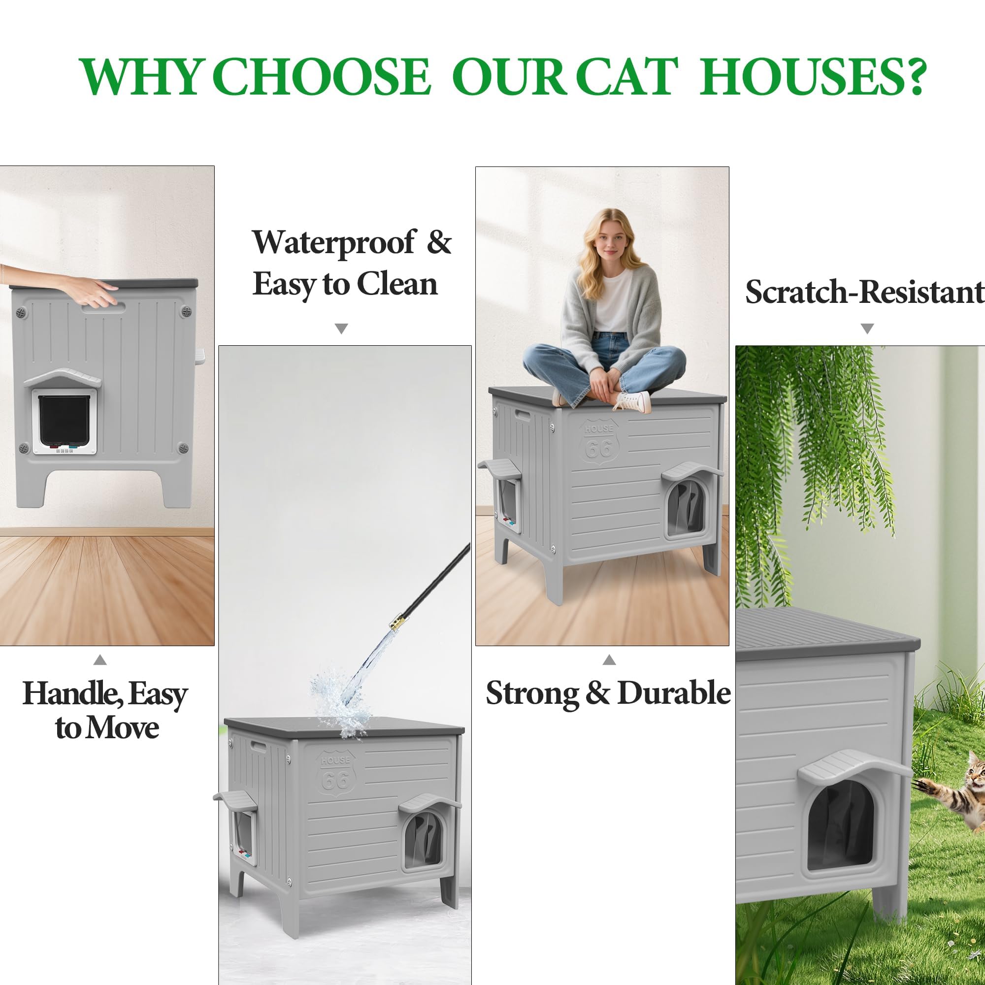 HiCaptain Weerbestendig kattenhuis voor buiten, 2 verdiepingen tellend wild kattenhuis met balkon en vluchtdeur, buiten houten schuilplaats voor kleine dieren, grijs