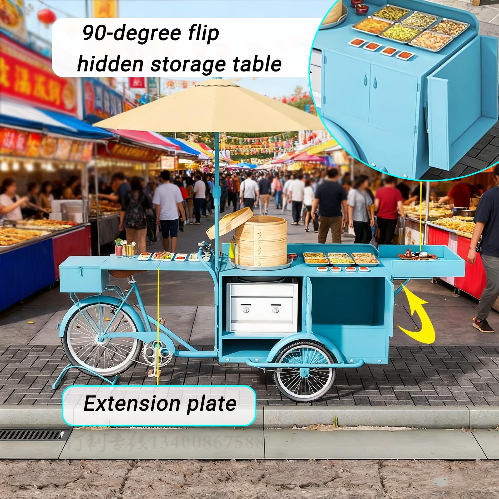 Tricycle Utilitaire Commercial avec Parasol pour la Vente ambulante, Food Trucks, événements en Plein air, Cuisine Mobile, Stand de Restauration, remorque Alimentaire