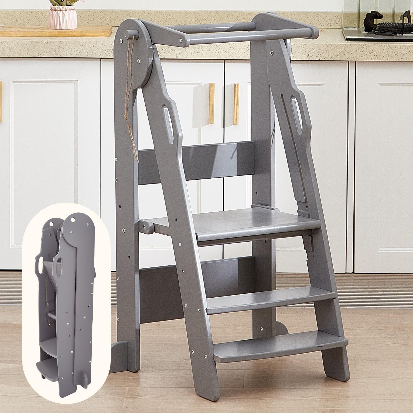 FUNLIO Foldable Kitchen Step Stool for Kids 2-6 Years, Montessori Step Stool, 3-Level Height Adjustable Standing Tower, Easy to Assemble, CPC & CE,