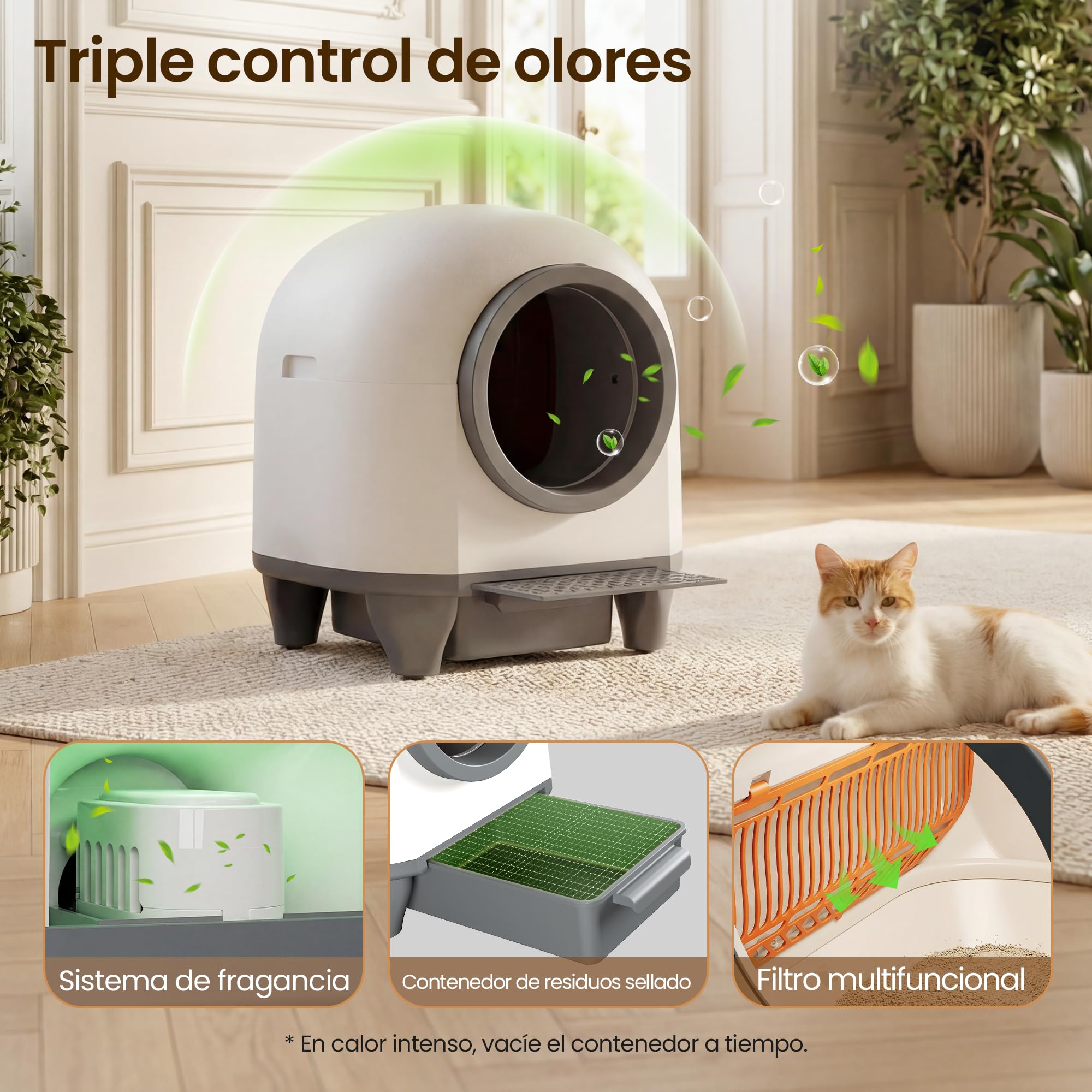Arenero Gatos Autolimpiable con App, Caixa de Areia para Gatos Automatico de 90 L con cajón de heces de 8,5 L para más de una Semana, Sistema aromático y sensores Radar, Ideal para Varios Gatos. | Bandeja de arena autolimpiable con seguridad múltiple, con
