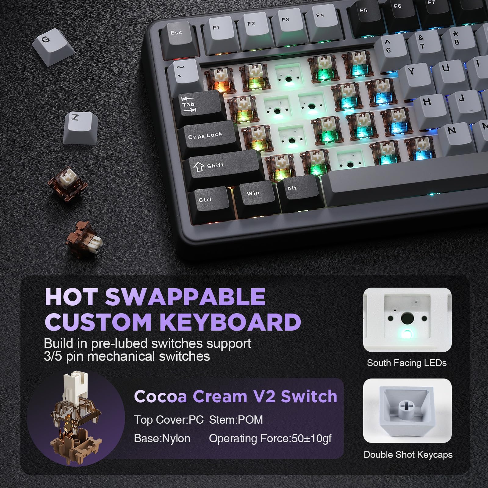 YUNZII B75 Teclado Mecánico,75% Teclado Hot Swappable,Teclado de Juego con Knob,RGB Backlit Gasket Gaming Teclado con Double-Shot PBT Keycaps,Cherry Profile (Dark Grey, Cocoa Cream v2 Switch)