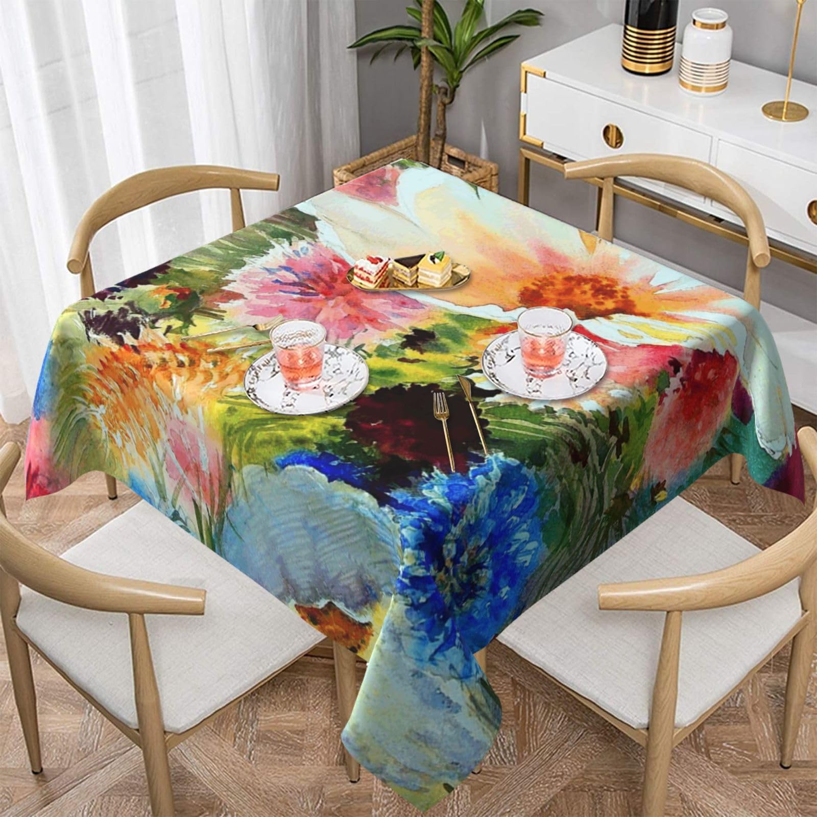 DCEHGEW Watercolor Abstract Flowers Prints Square Tablecloth 137x137 CM, Waterproof Fabric Table Cloth for Dining Table, Farmhouse Table Cover for Kitchen Dining Tabletop Decoration