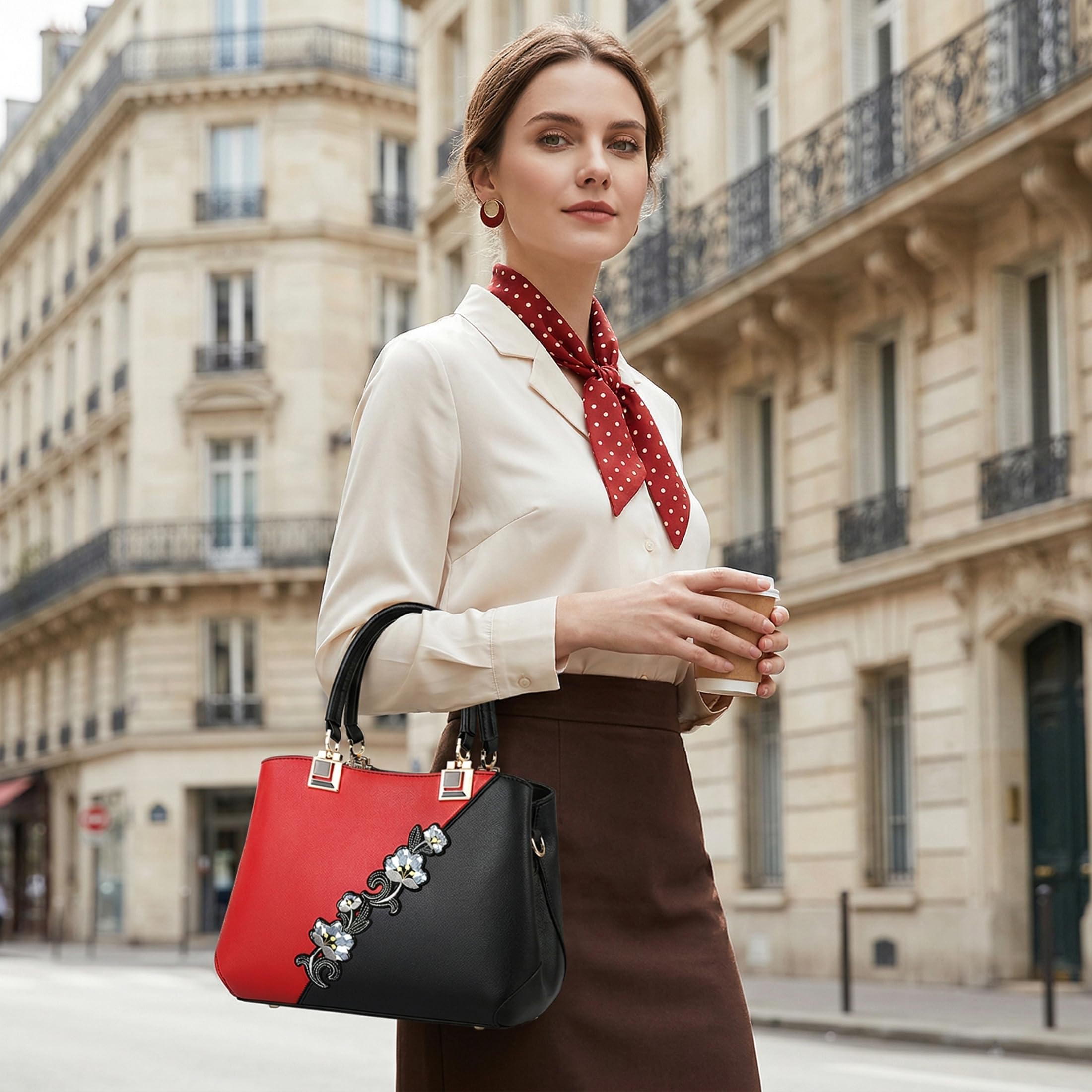 VARLIVOO Sac a Mains Femme Cuir PU Élégant Sac Bandouliere avec Broderie Florale Sacs à Main portés Main Classe pour Shopping Travail Voyage Fête Quotidien Rouge