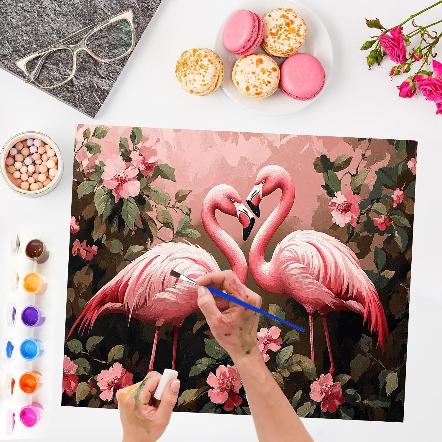 Malowanie po numerach Kwiat Flamingo DIY Dorośli Zestaw do malowania olejnego na płótnie, DIY Malowanie według numerów Dzieci Początkujący zestaw, z pędzlami i farbą akrylową, Dekoracja Prezent