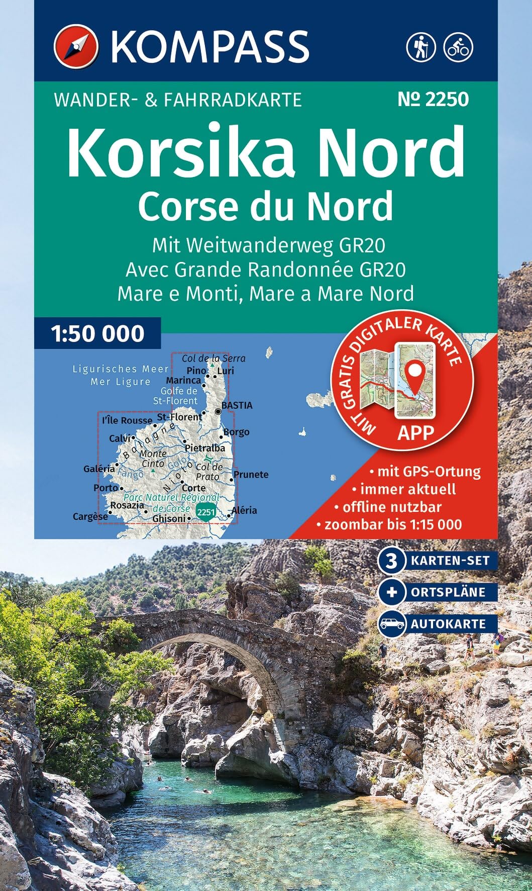 KOMPASS Wanderkarten-Set 2250 Korsika Nord, Corse du Nord, Weitwanderweg GR20 (3 Karten) 1:50.000: inklusive Karte zur offline Verwendung in der KOMPASS-App. Fahrradfahren.