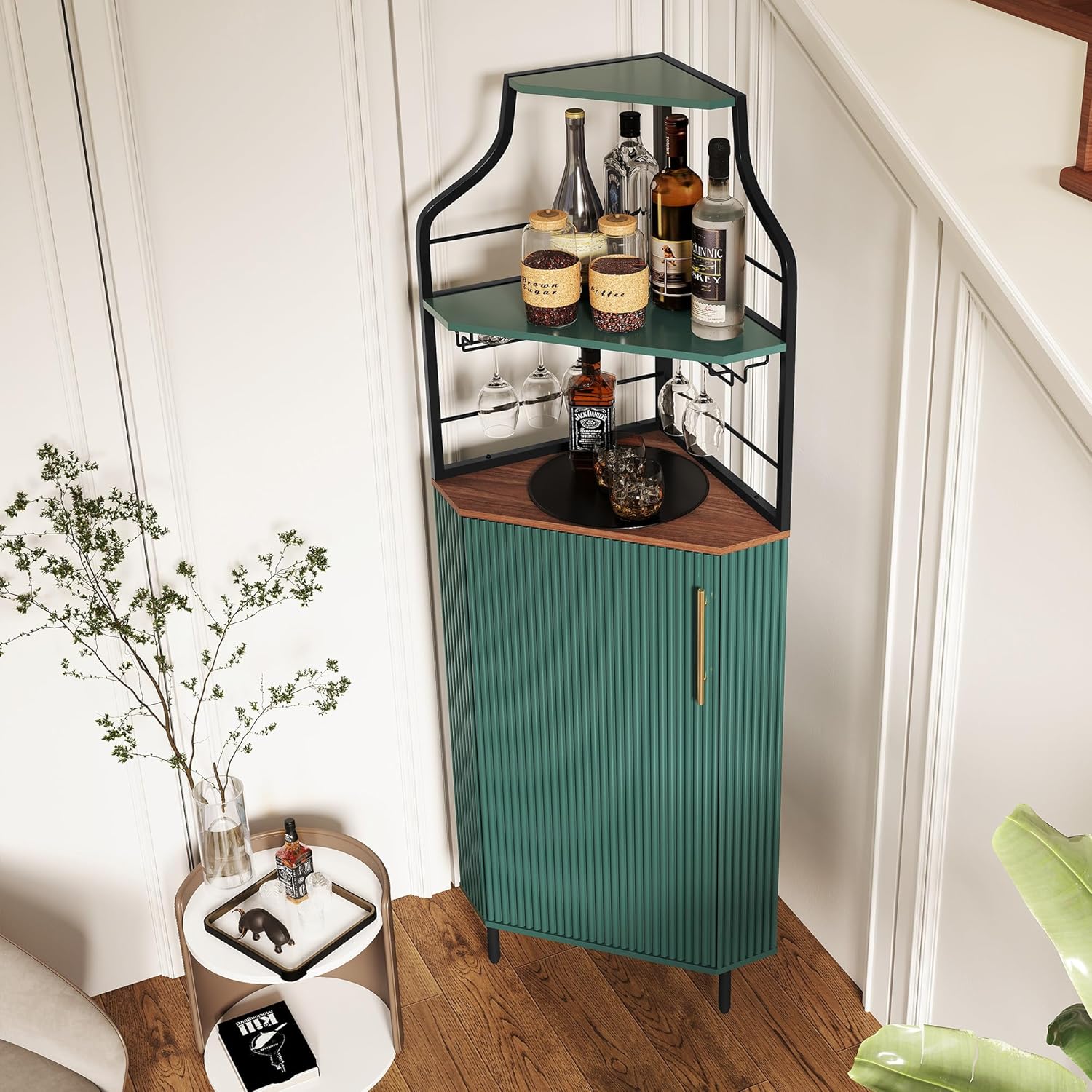 ARTPOWER Corner Bar Cabinet with LED Strip, 4-Tiers Modern Corner Coffee Bar with Glass Holder, Fluted Tall Liquor Cabinet for Kitchen, Dining Room, Living Room, Green