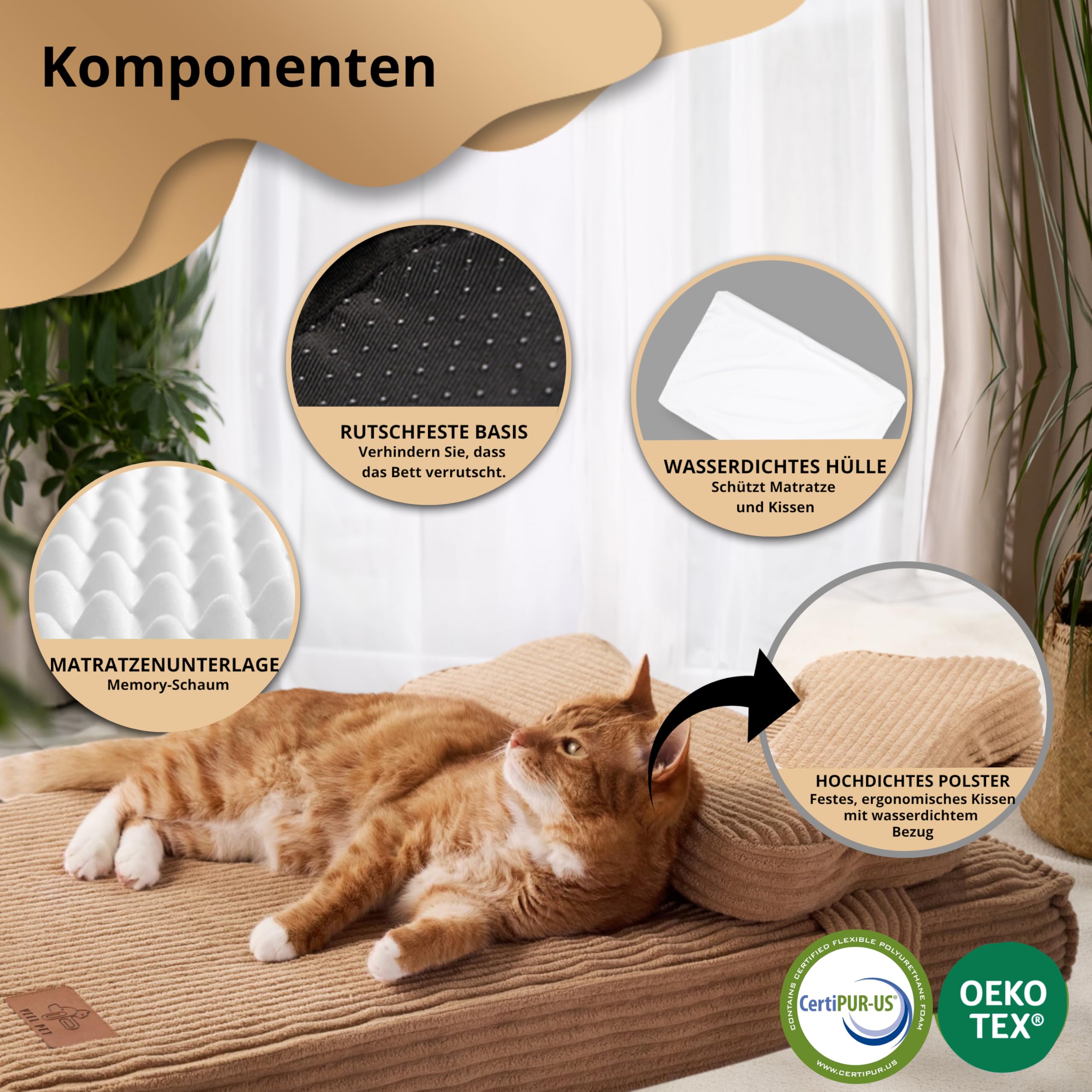 Orthopädisches Katzenbett mit Kissen, wasserdicht, waschbar