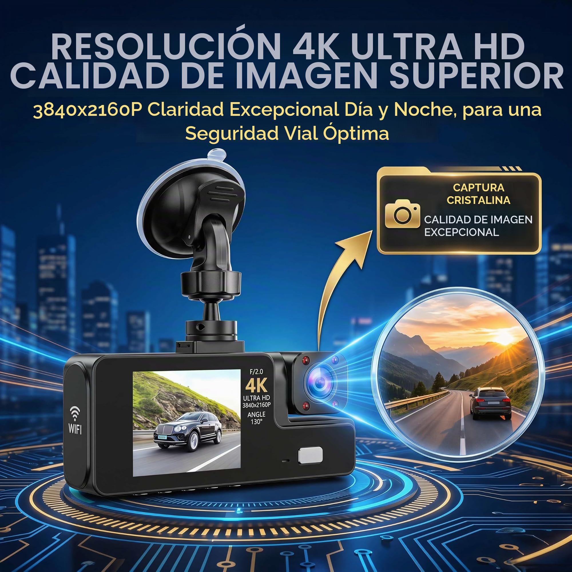 Cámara Dashcam de 3 cámaras 1080P Full HD | Máxima seguridad 360° sin Ángulo Muerto, Visión Nocturna y estacionamiento vigilado, WiFi integrado detección de Movimiento, Ideal para Conductores VTC y