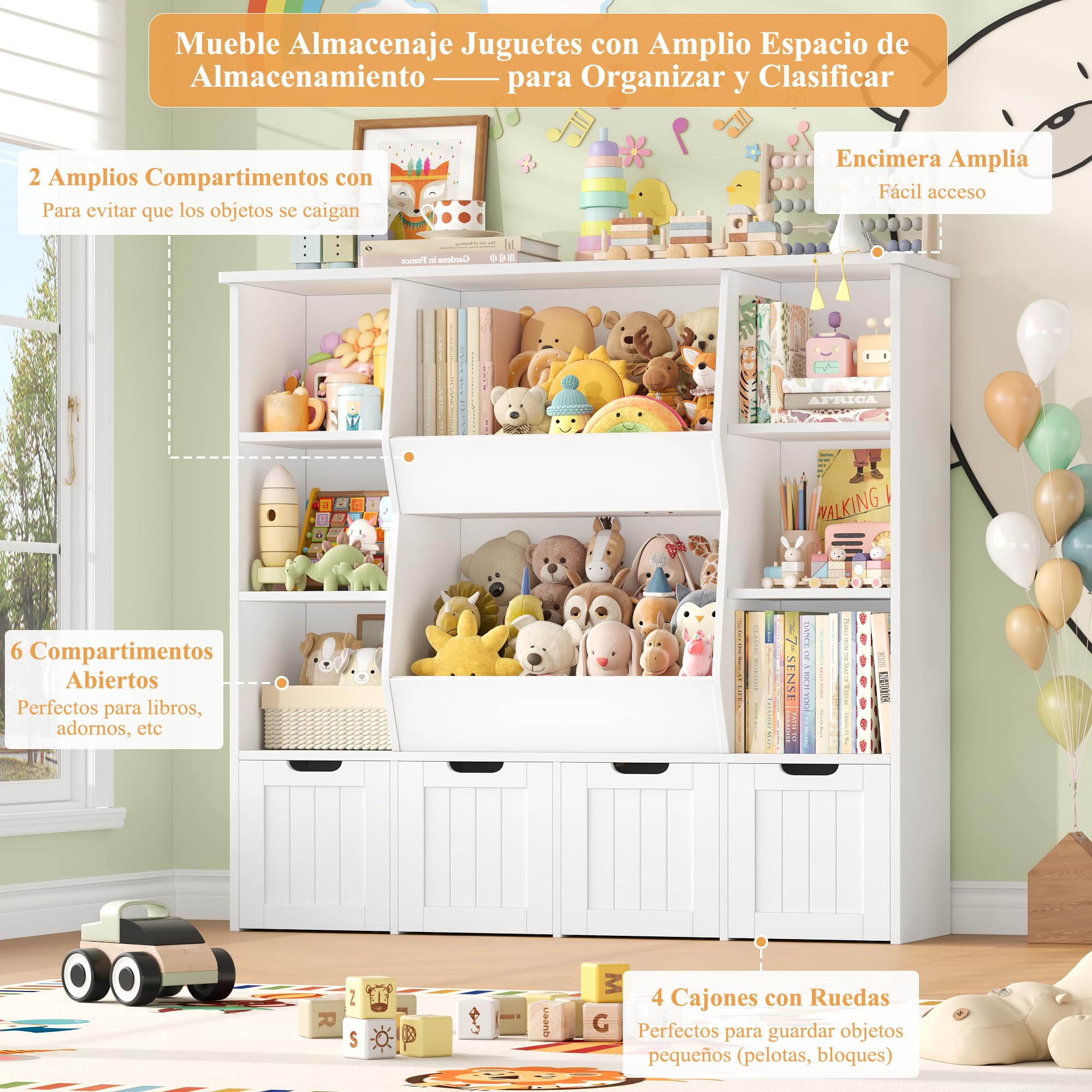 FOREHILL Mueble Organizador Juguetes, Mueble Almacenaje Juguetes, Estanteria Montessori, Organizador de Juguetes Infantil, Estanteria Infantil, 4 Cajones con Ruedas, 8 Compartimentos, Blanco