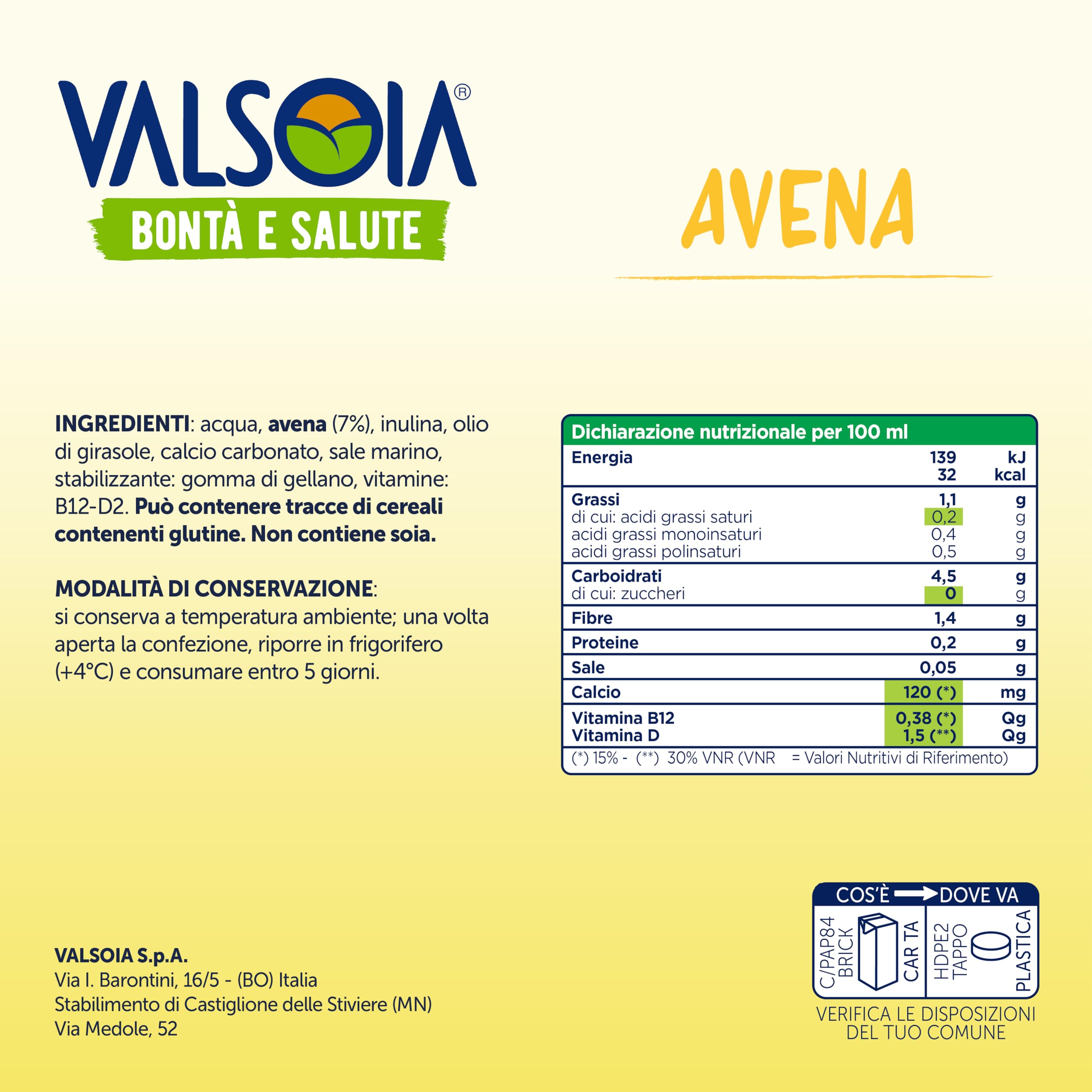 Valsoia - Bevanda Avena Zero Zuccheri, Box da 10 Tetra Brik da 1000 ml, 100% Vegetale, Senza Lattosio, con Calcio e Vitamine, Ideale anche per Vegani e Vegetariani, può Contenere Tracce di Glutine