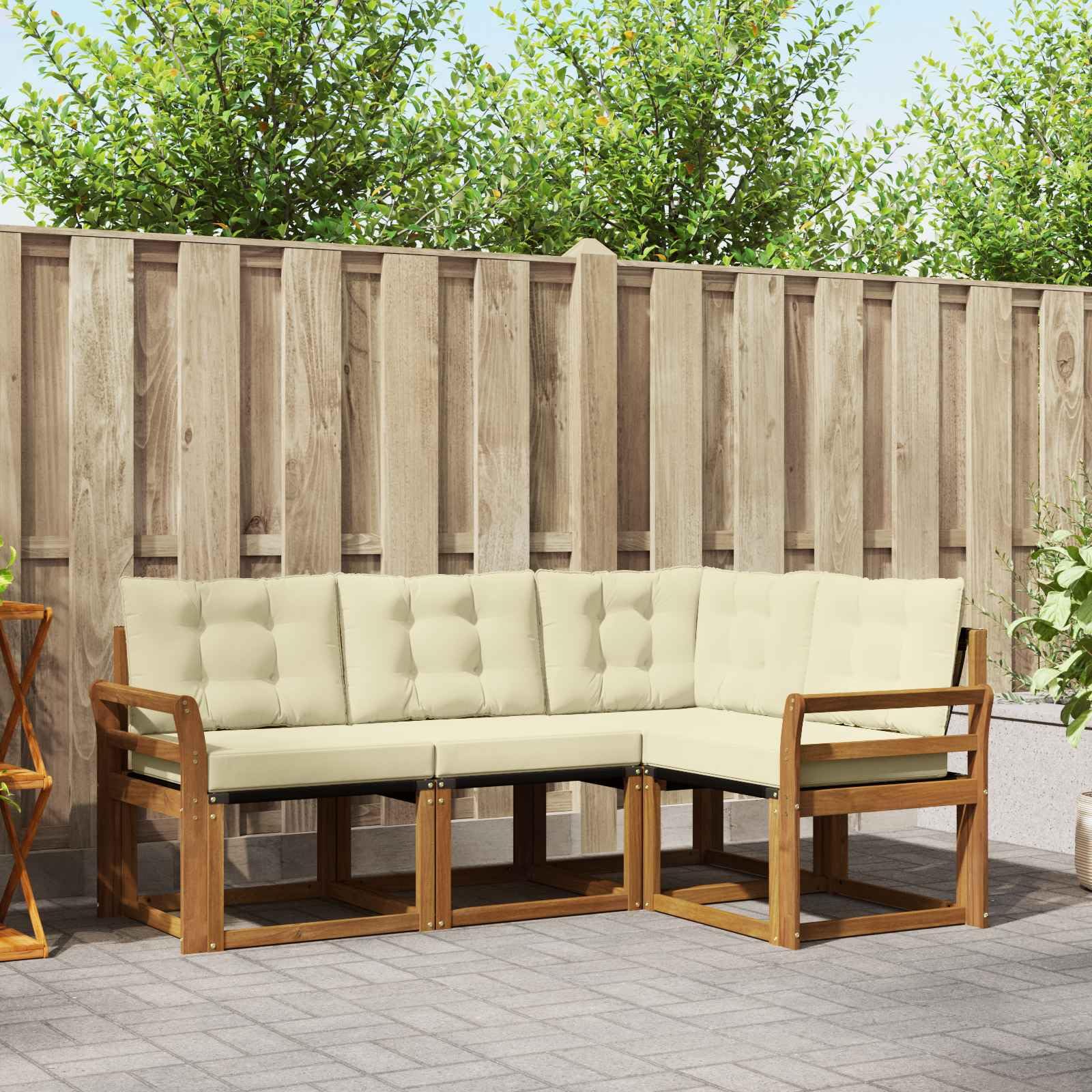 Conjunto de sofás de Exterior con cojín 4 pcs en Madera Maciza de Acacia Natural y Crema, diseño Modular para terraza, jardín o salón, Resistente y cómodo para Uso en hogar y apartamento