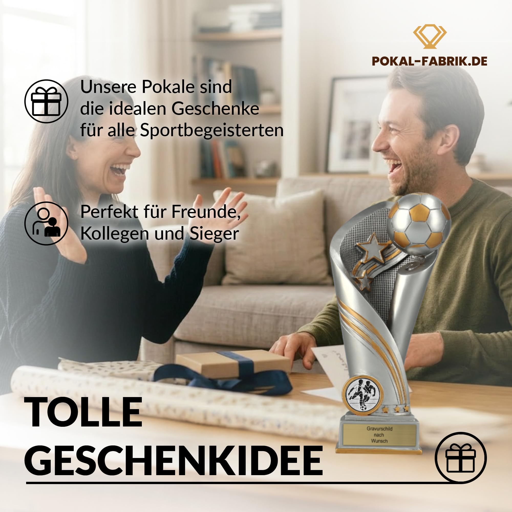 Pokal-Fabrik - Fussball Pokal mit Gravur Wunschtext & Sportemblem - Einzeln / 3er Set - Gold/Silber Resin Trophäe – personalisierte Auszeichnung für Fußball WM, Sport Events & Wanderpokal