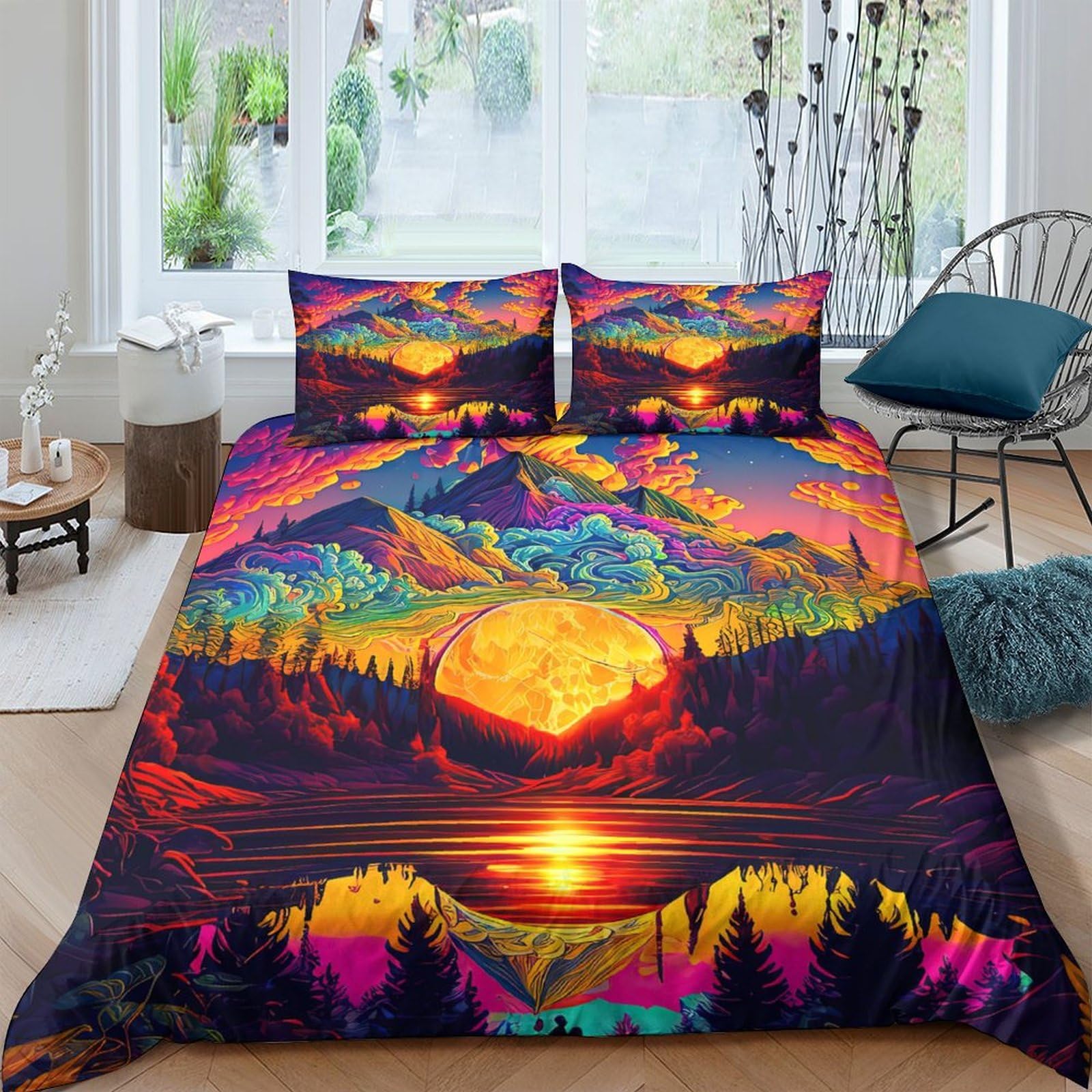 Ctjqhvkz Style-5 3D Printed Sunset Mountain Fitted Sheet Microfiber Soft Colourful Forest Mattress Cover Bedroom Decor Single（135X200cm）