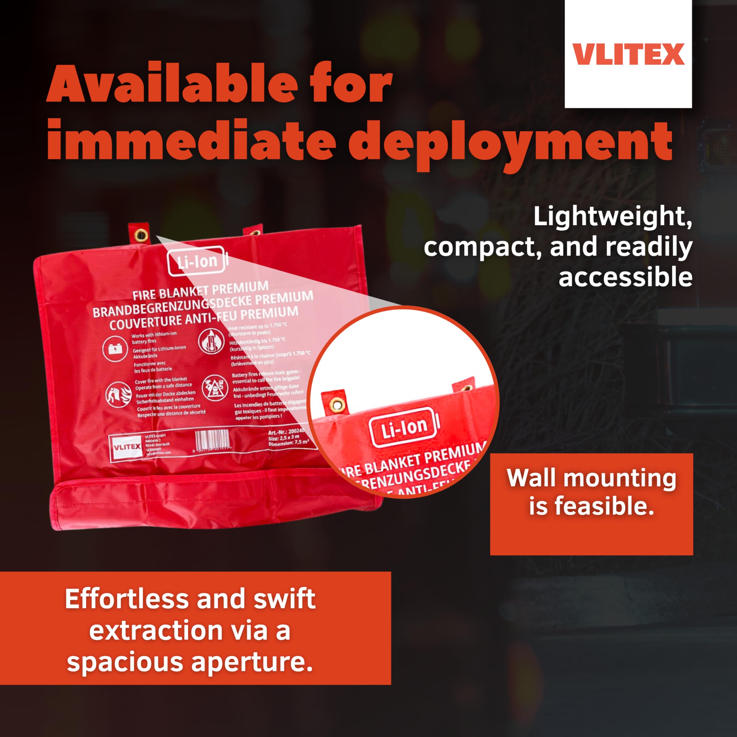 VLITEX Manta ignífuga || Batería Li-Ion Brand Explosion || E-Bike, E-Scooter, Seniors Mobil etc. || Retardante de Fuego hasta 1000 °C || 250 x 300 cm || Protección contra el Polvo, la Suciedad
