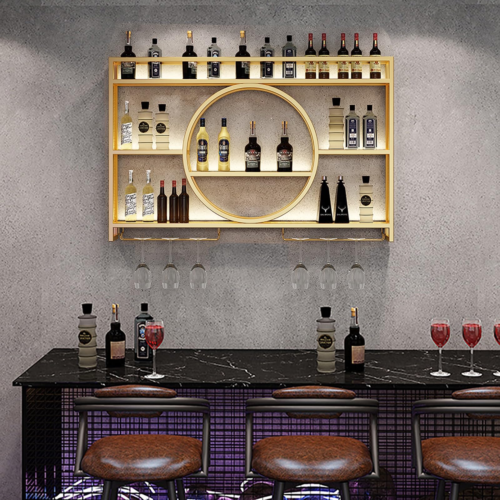Moderno estante de vino montado en la pared con estantes iluminados por LED, soporte de metal de hierro fuerte en dorado/negro, exhibición de botellas de licor para cocina, bar, bodega, soporte para