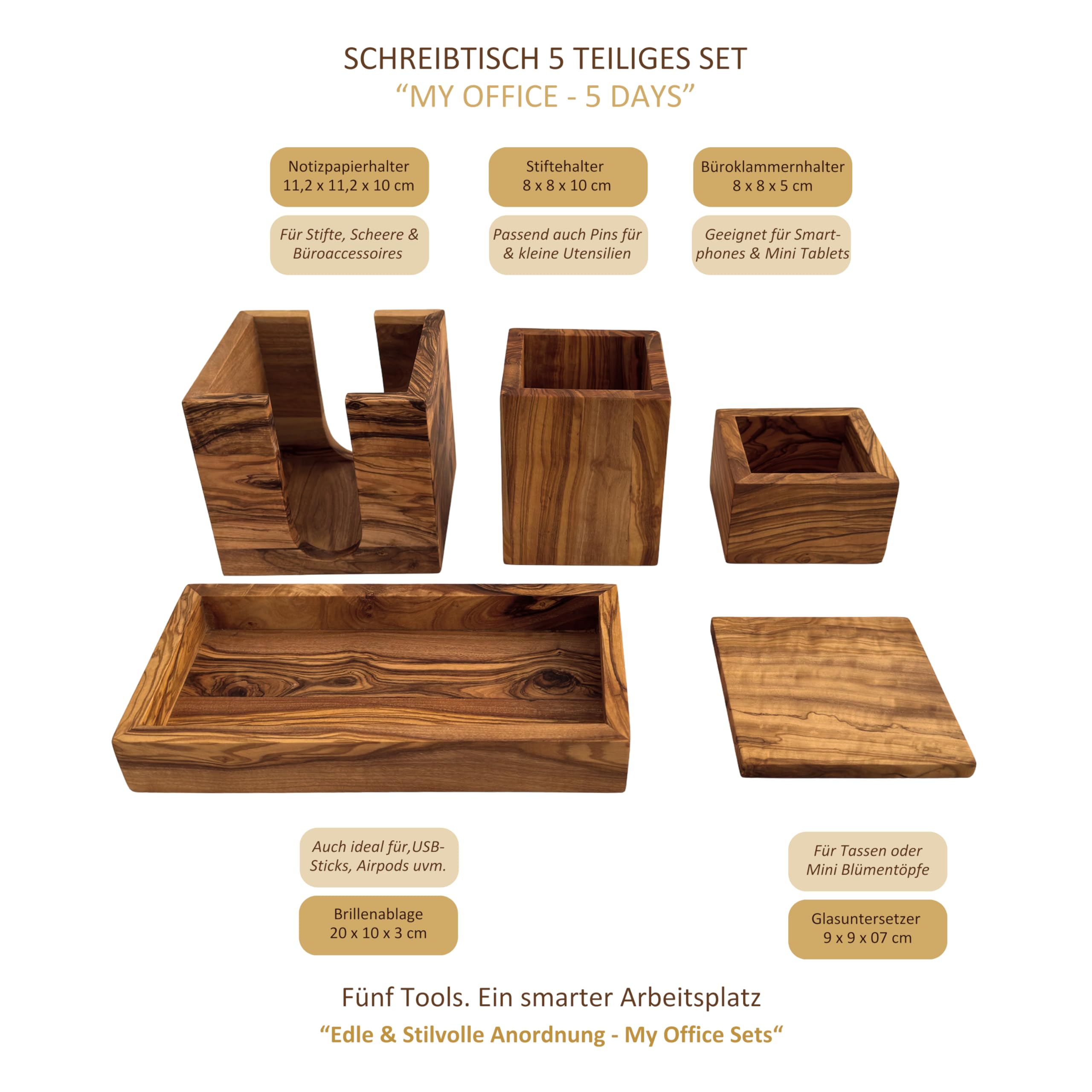 Schreibtisch Set aus Olivenholz „My Office – 5 Days“ – 5-teiliges Organizer für Ordnung am Arbeitsplatz