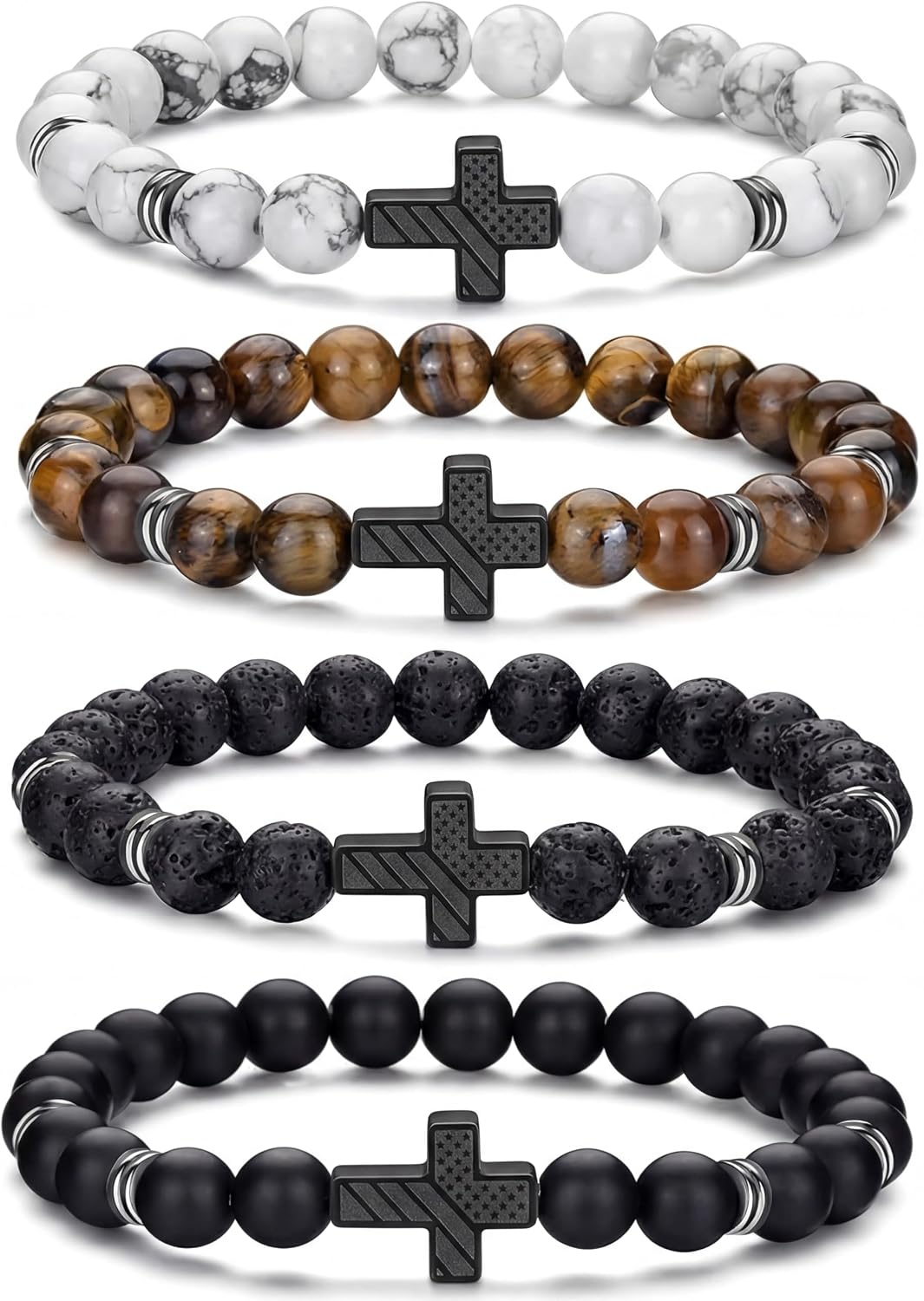 Tondiamo 4pcs Cross Bead Bracelet for Men 8mm Tigers Eye Lava Rock Onyx Black Obsidian American Flag Cross Bracelet Natural Stone Stretch Adjustable Black Wrist Beads for Men Women Gifts