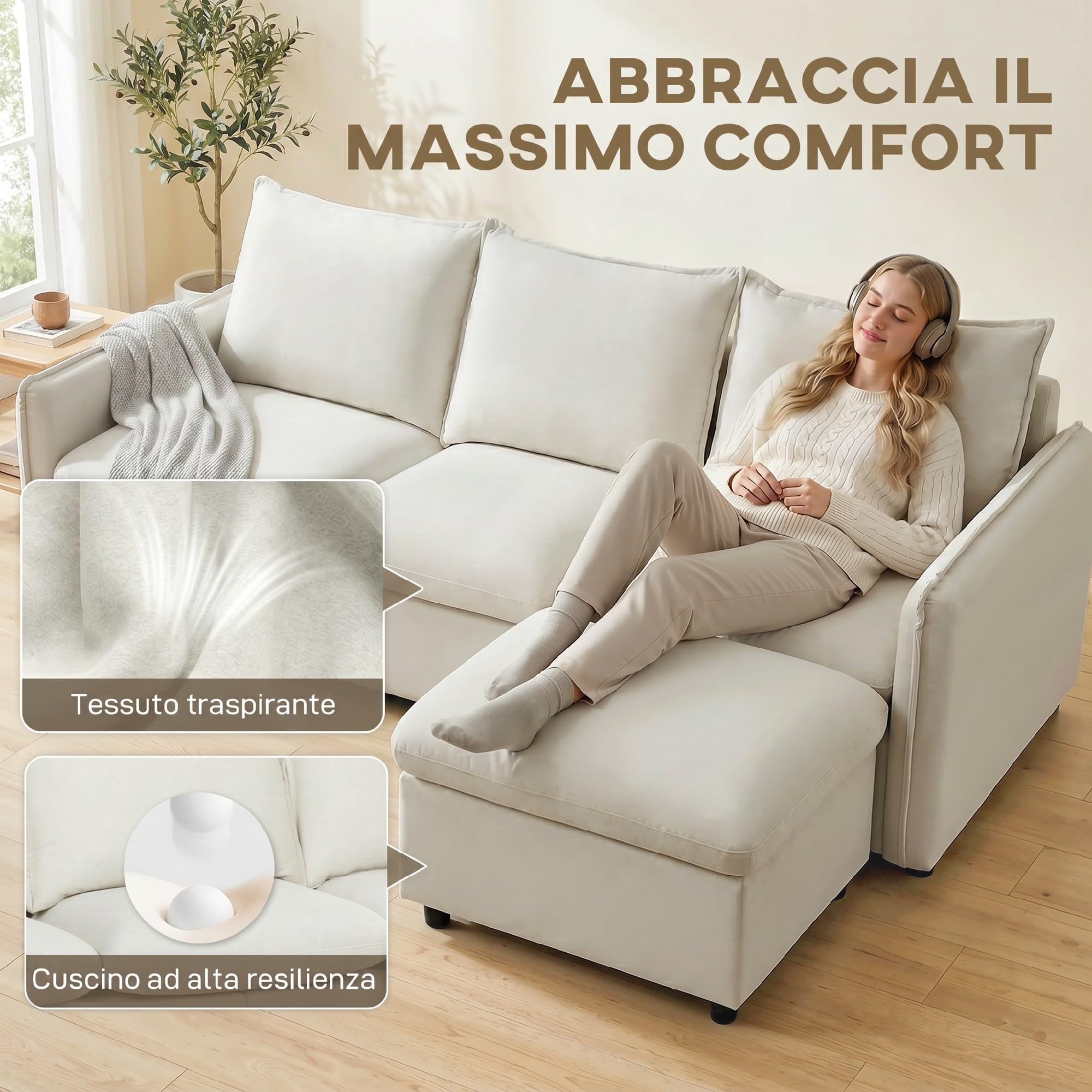 HOMCOM Divano Angolare 3 Posti Modulare Reversibile con Cuscini Crema | Divano ad Angolo, Tessuto Effetto Pelle Traspirante, Contenitore Poggiapiedi Rimovibile, Divano a L per Salotto, 212x125x84cm