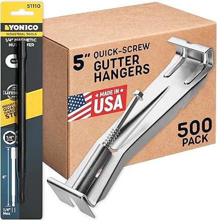 Quick Screw Gutter Hangers 5 Inch- 500 Pack - 5 Inch Gutter Clips with Bonus 6 Inch Drill Bit - Hidden Bracket Clips with Pre-Assembled Screw - Fix Sagging Rain Gutters
