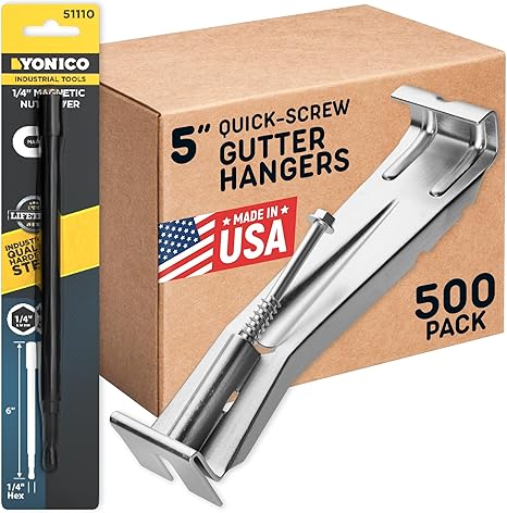 Quick Screw Gutter Hangers 5 Inch- 500 Pack - 5 Inch Gutter Clips with Bonus 6 Inch Drill Bit - Hidden Bracket Clips with Pre-Assembled Screw - Fix Sagging Rain Gutters